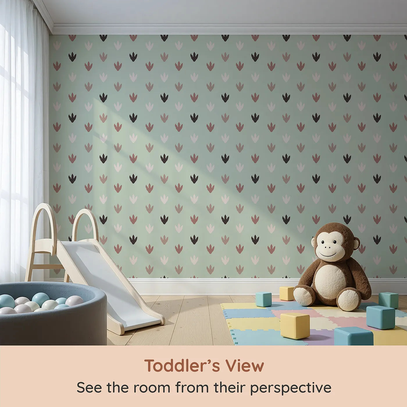 Whimsy Tots Dino Tracks Wallpaper in Sage Green (W3483B) from your child's view.Soft dinosaur tracks walk gently across a peaceful green backdrop.
