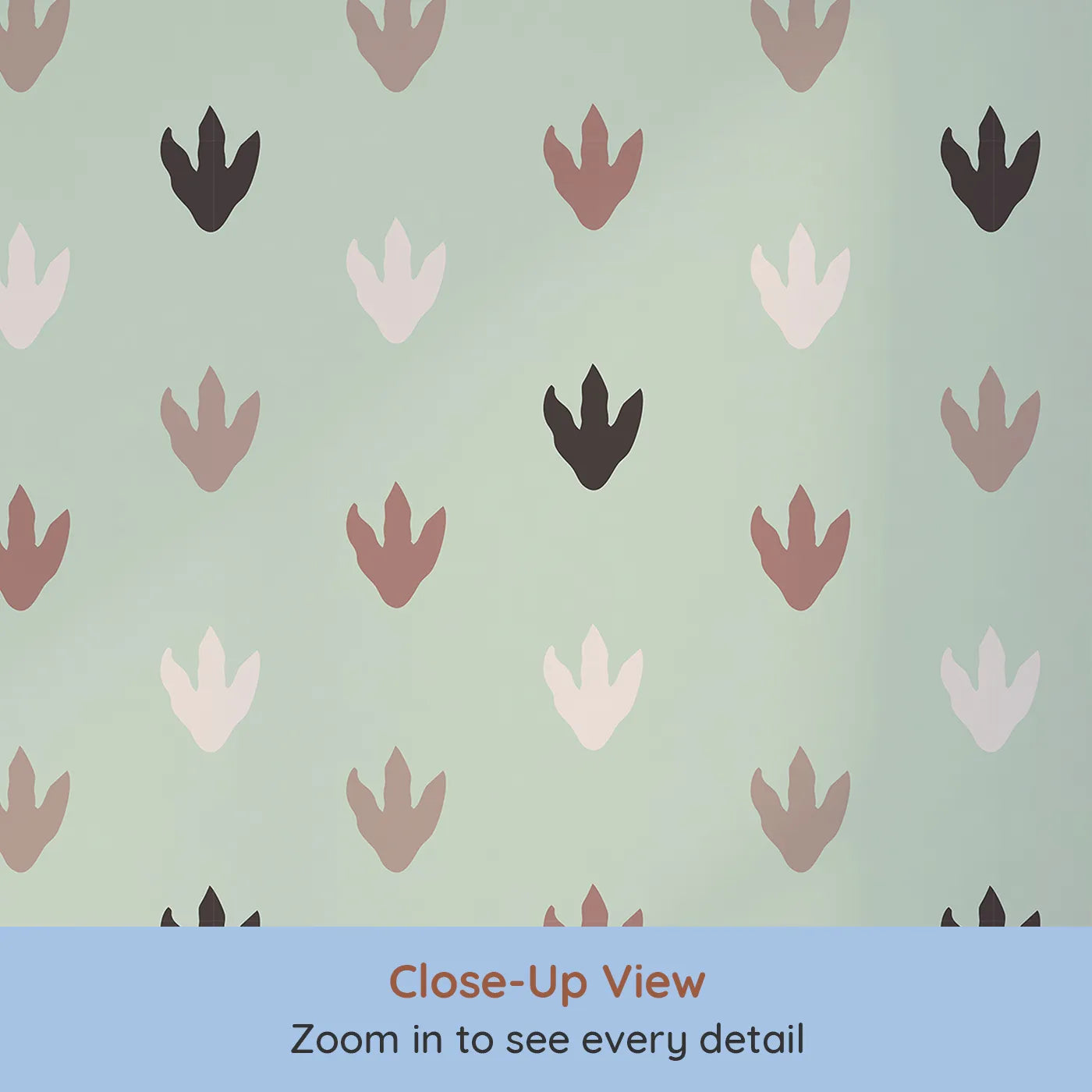 Close-up view of Whimsy Tots' Dino Tracks Wallpaper in Sage Green (W3483B).Soft dinosaur tracks walk gently across a peaceful green backdrop.