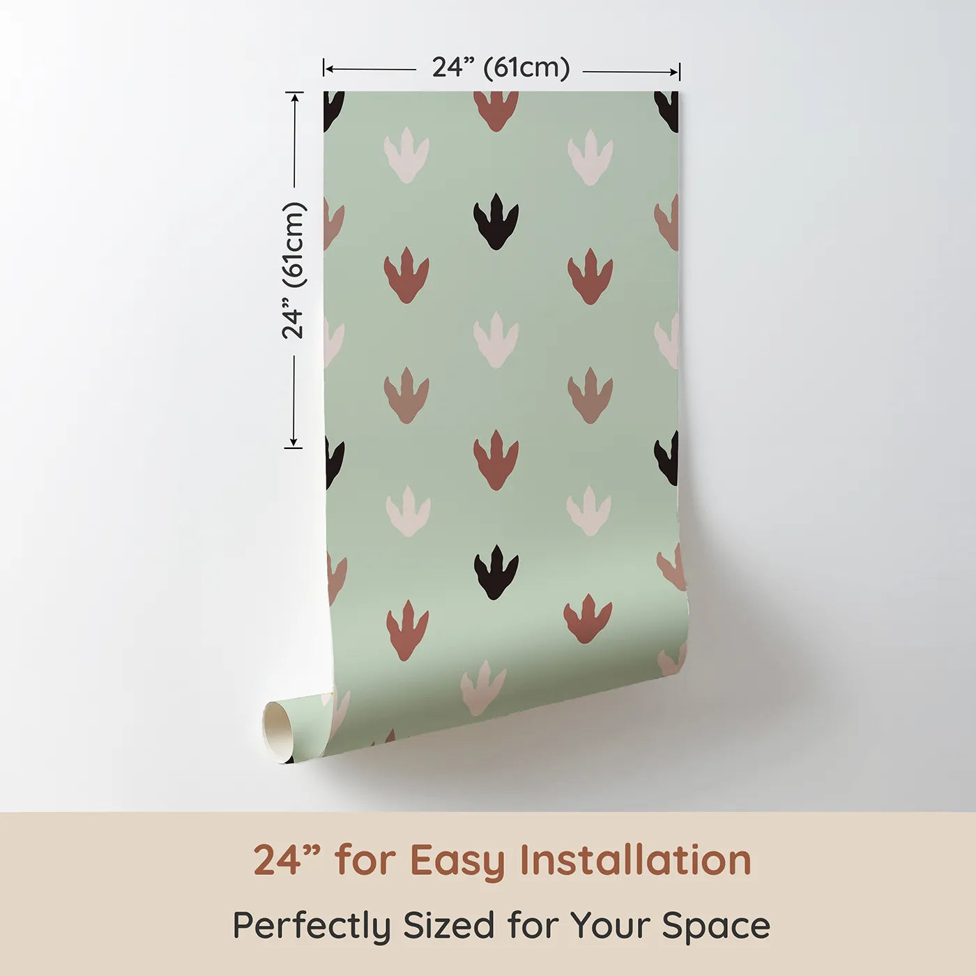 Dimension view of Whimsy Tots Dino Tracks Wallpaper in Sage Green (W3483B). Printed in 24-inch-wide panel for easy installation. Soft dinosaur tracks walk gently across a peaceful green backdrop.