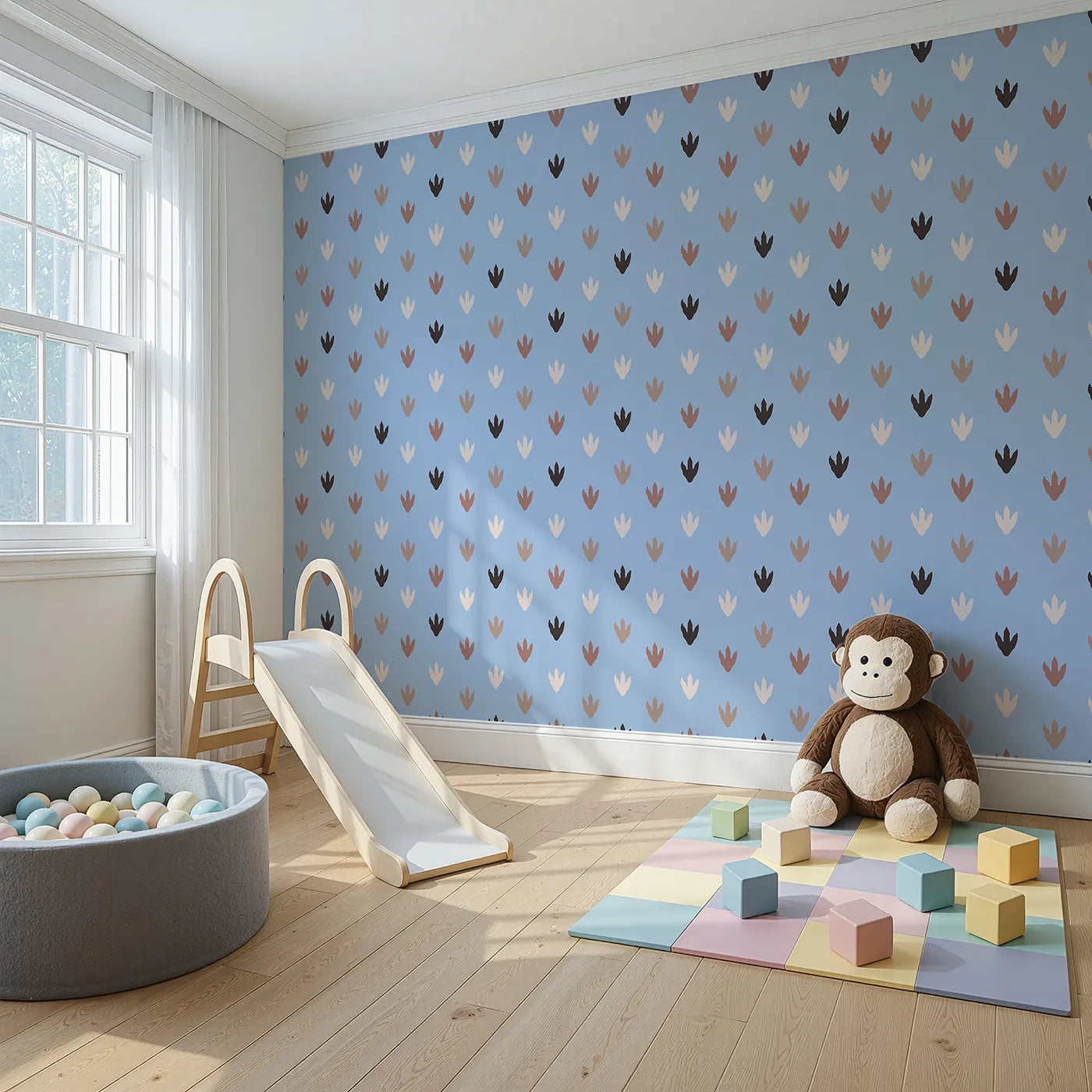 Angled view of Whimsy Tots' Dino Tracks Wallpaper in Sky Blue (W3483C).Soft dinosaur footprints wander through a gentle sky blue world.