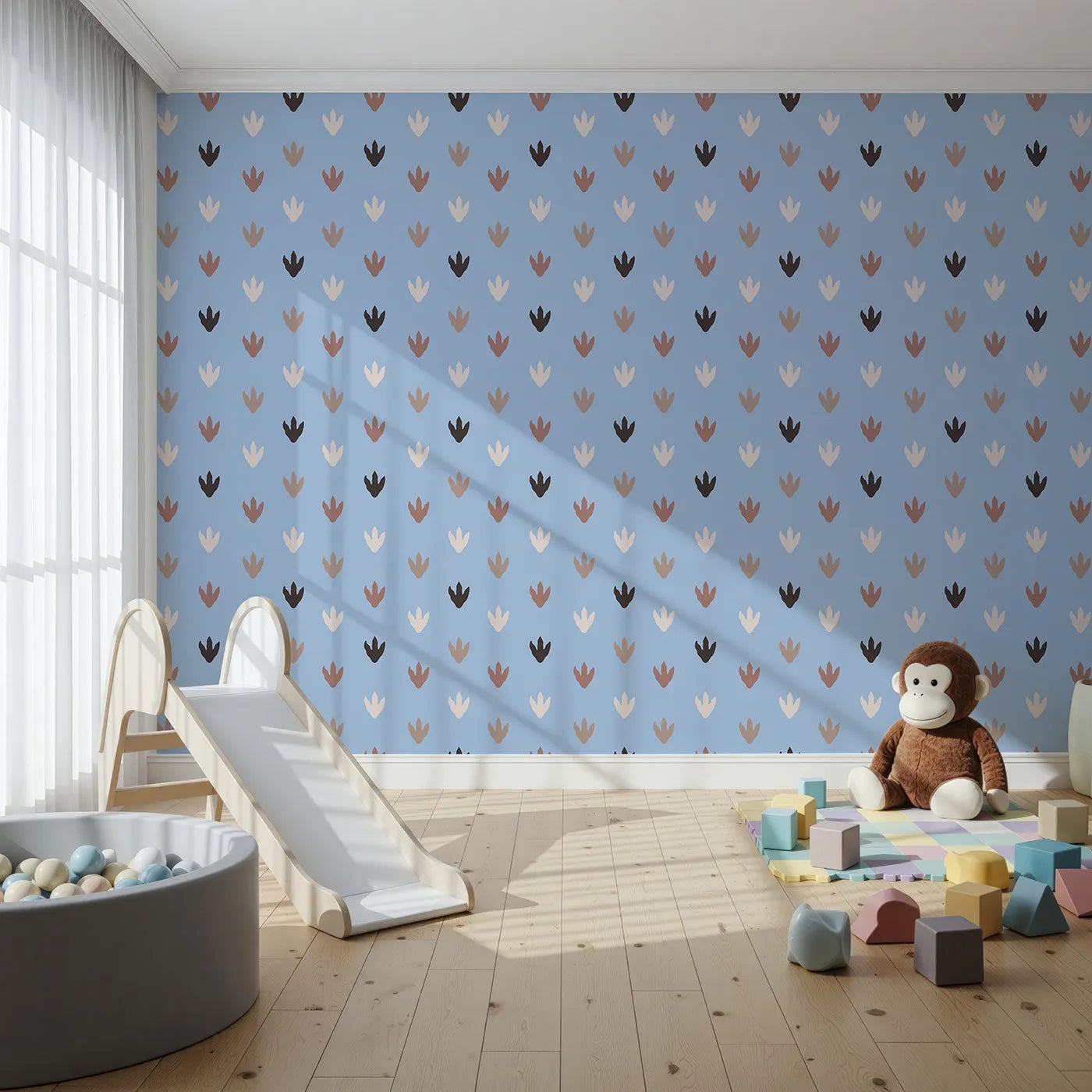 Front view of Whimsy Tots' Dino Tracks Wallpaper in Sky Blue