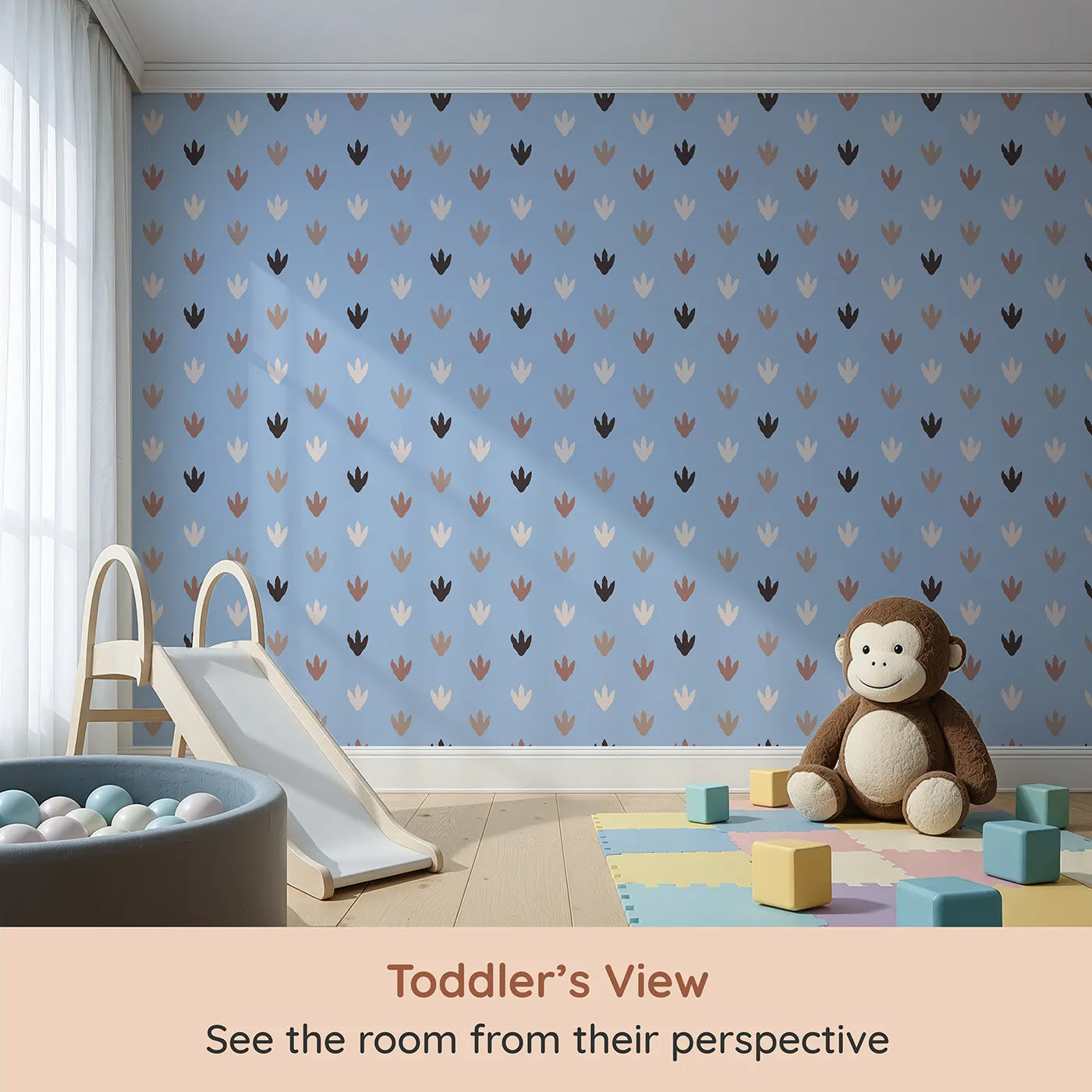 Whimsy Tots Dino Tracks Wallpaper in Sky Blue (W3483C) from your child's view.Soft dinosaur footprints wander through a gentle sky blue world.