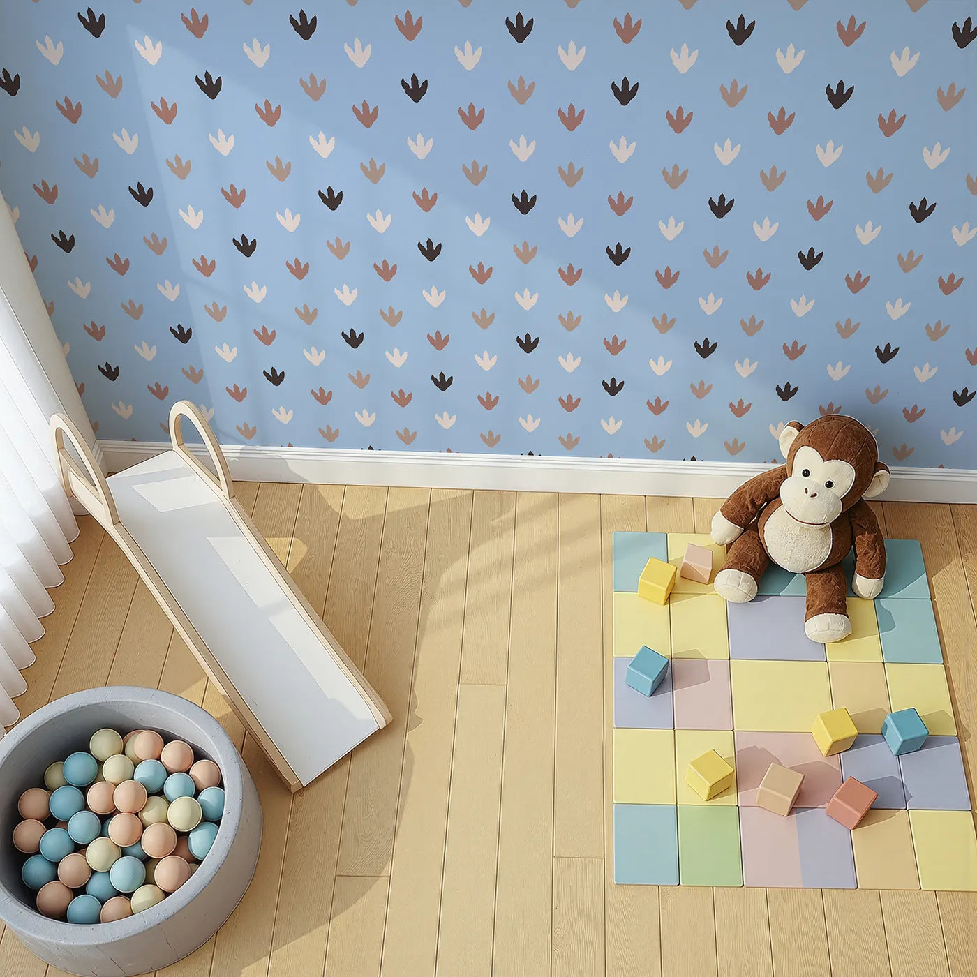 Top-Down view of Whimsy Tots' Dino Tracks Wallpaper in Sky Blue (W3483C).Soft dinosaur footprints wander through a gentle sky blue world.