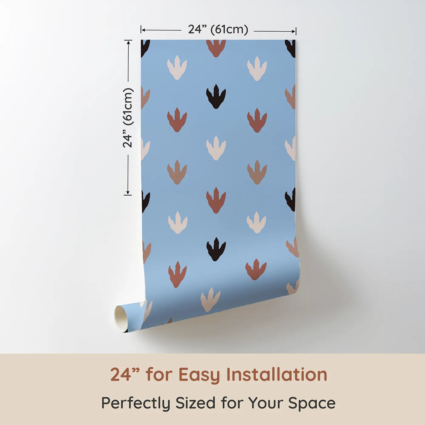 Dimension view of Whimsy Tots Dino Tracks Wallpaper in Sky Blue (W3483C). Printed in 24-inch-wide panel for easy installation. Soft dinosaur footprints wander through a gentle sky blue world.