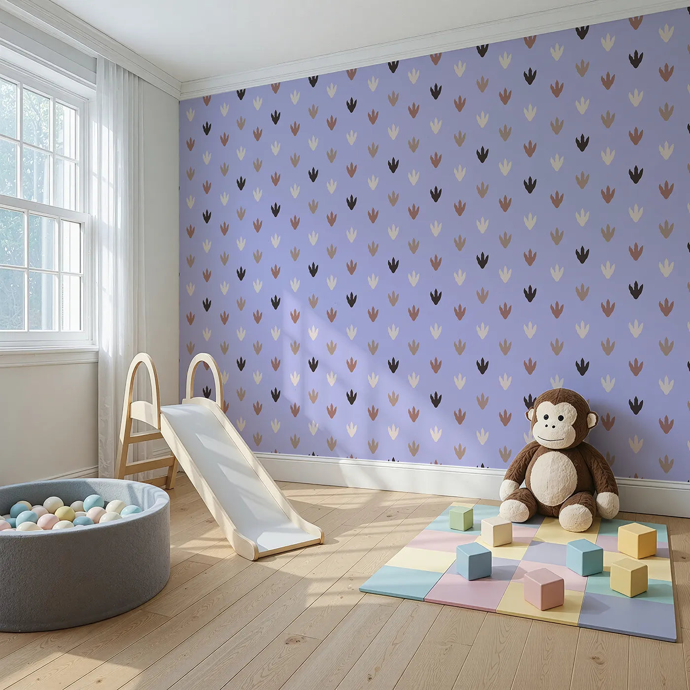 Angled view of Whimsy Tots' Dino Tracks Wallpaper in Lavender Gray (W3483D).Soothing lavender-Gray sets the stage for playful prehistoric footprints.
