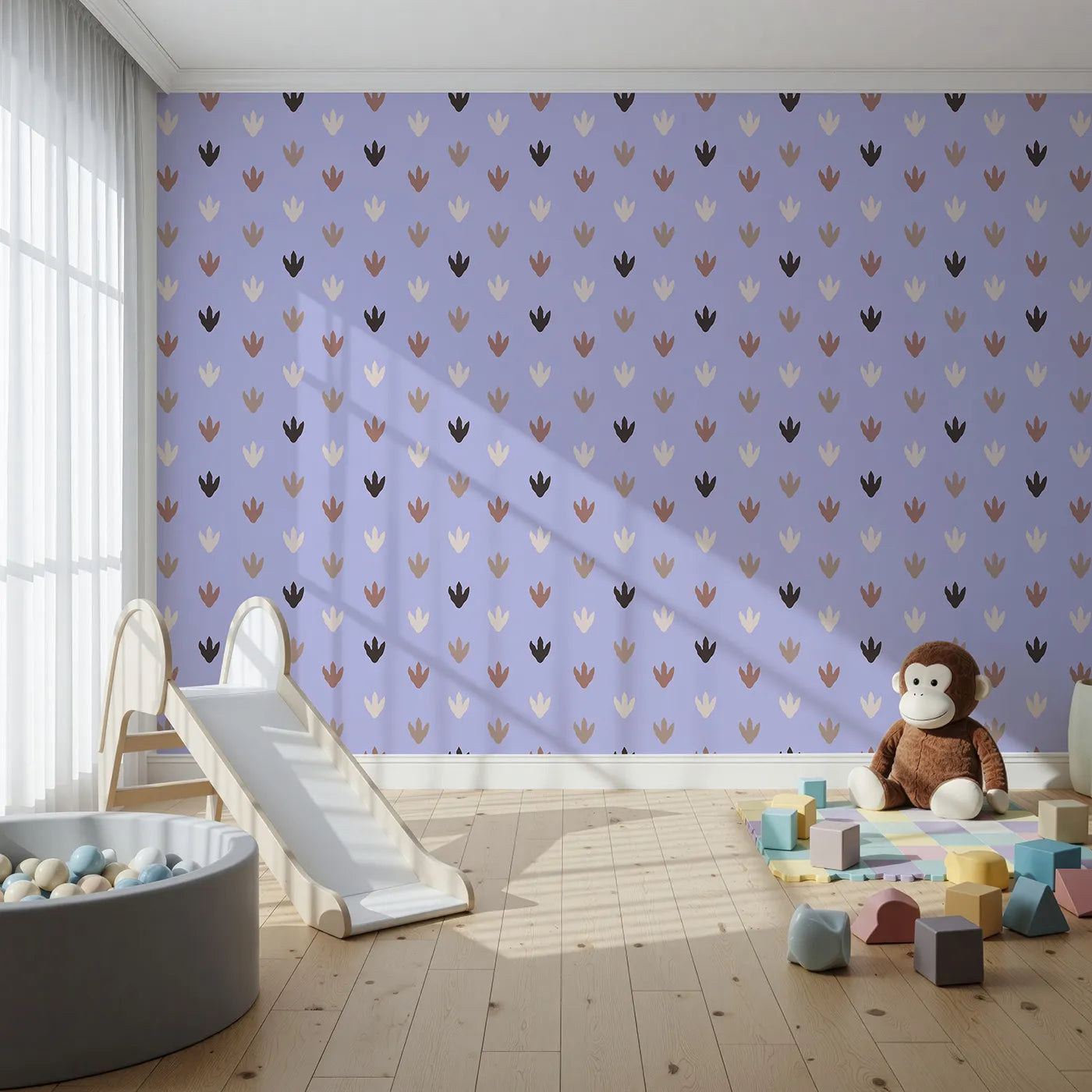 Front view of Whimsy Tots' Dino Tracks Wallpaper in Lavender Gray