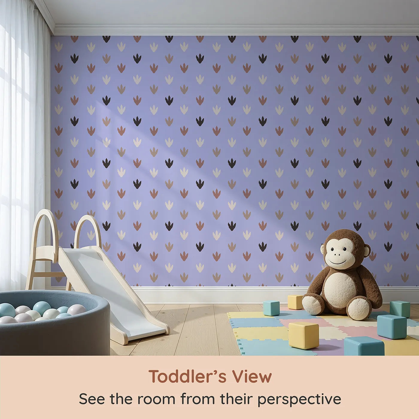 Whimsy Tots Dino Tracks Wallpaper in Lavender Gray (W3483D) from your child's view.Soothing lavender-Gray sets the stage for playful prehistoric footprints.