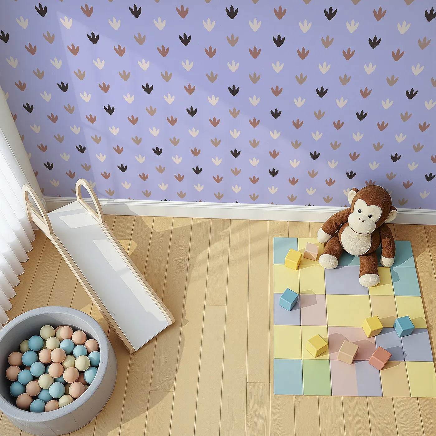 Top-Down view of Whimsy Tots' Dino Tracks Wallpaper in Lavender Gray (W3483D).Soothing lavender-Gray sets the stage for playful prehistoric footprints.