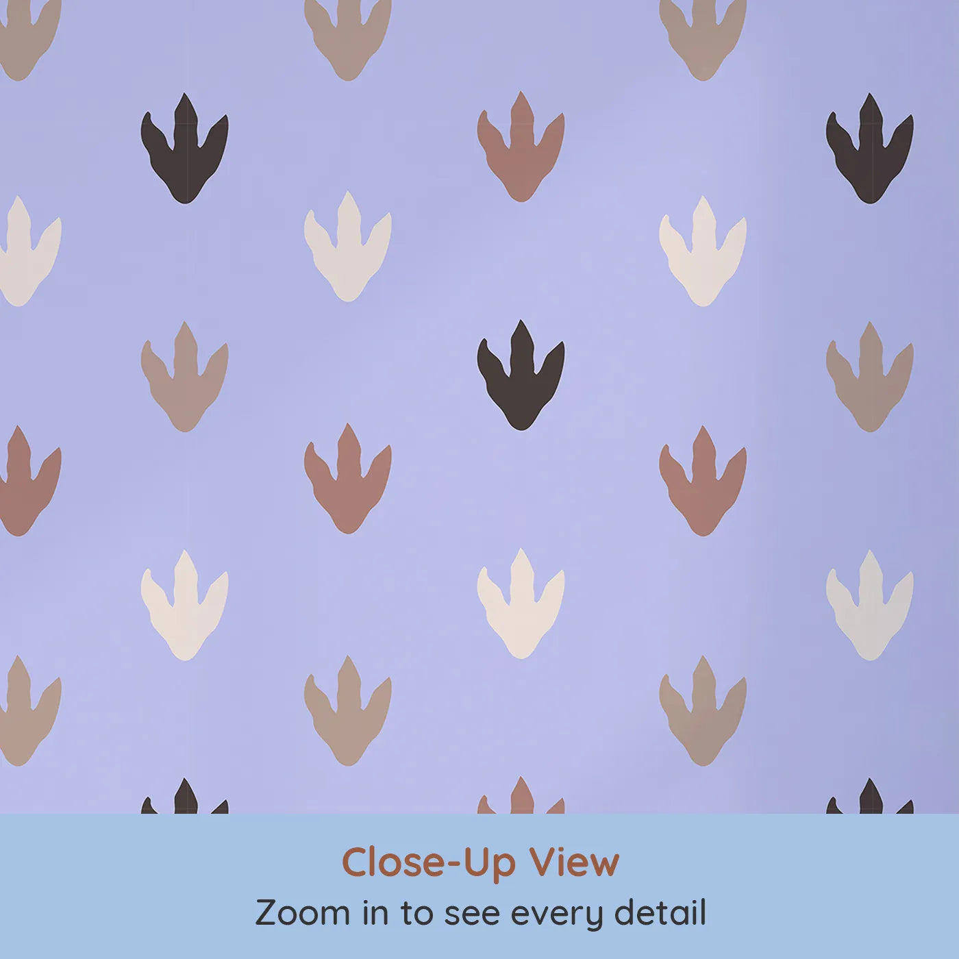 Close-up view of Whimsy Tots' Dino Tracks Wallpaper in Lavender Gray (W3483D).Soothing lavender-Gray sets the stage for playful prehistoric footprints.