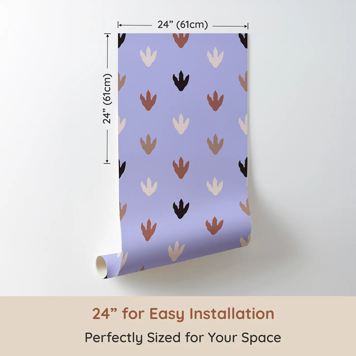 Dimension view of Whimsy Tots Dino Tracks Wallpaper in Lavender Gray (W3483D). Printed in 24-inch-wide panel for easy installation. Soothing lavender-Gray sets the stage for playful prehistoric footprints.