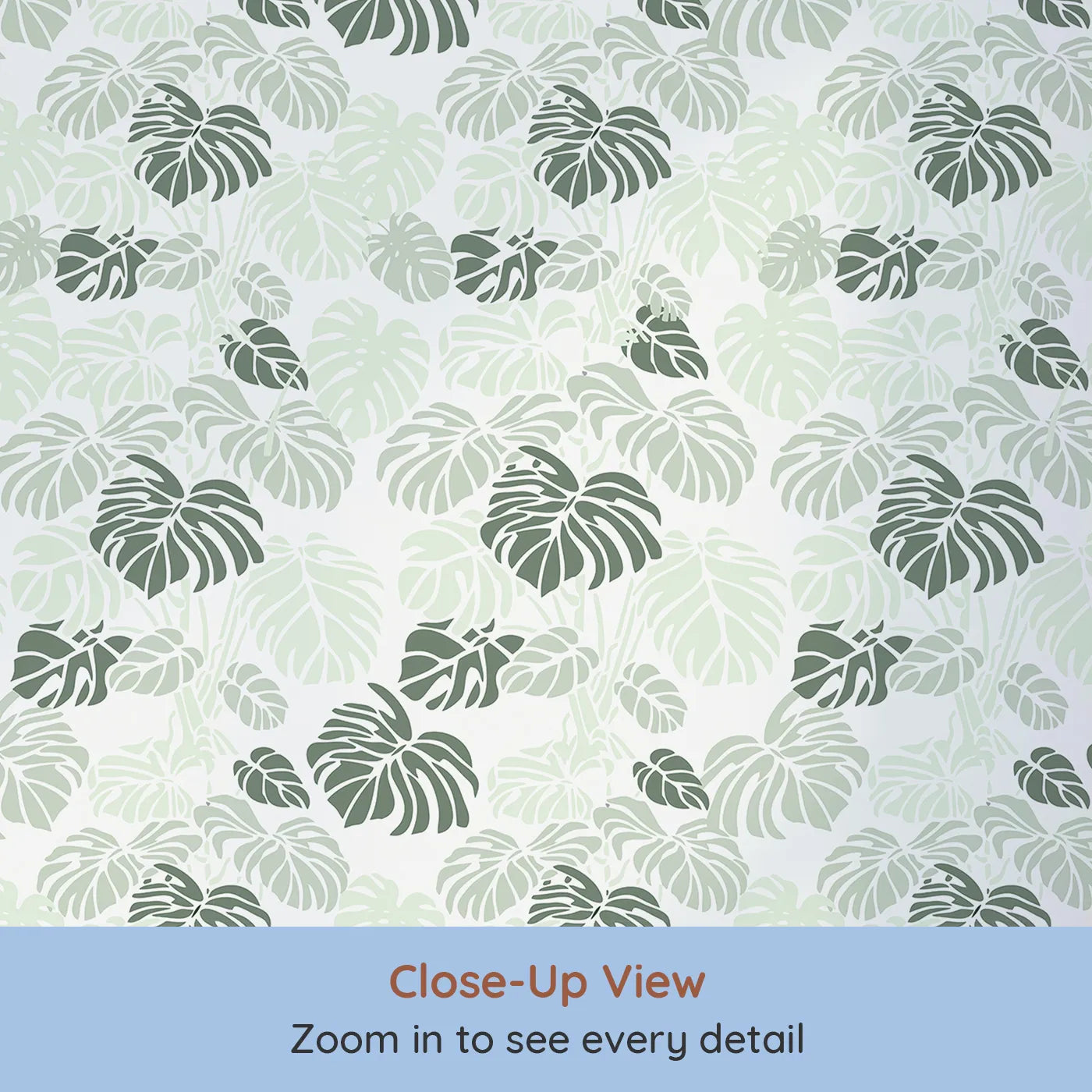 Close-up view of Whimsy Tots' Monstera Jungle Wallpaper in Mint Mist Green (W3485B).Soft mint monstera leaves create a peaceful play of nature and calm.