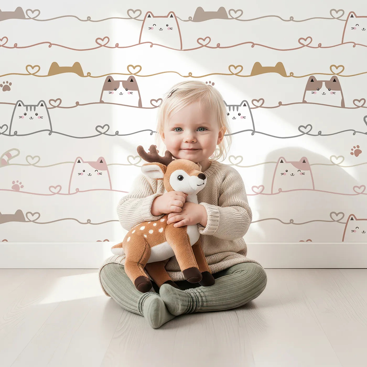 Lovely child standing in front of Whimsy Tots Peeking Paws Wallpaper with cat, heart, paw, tail in design.