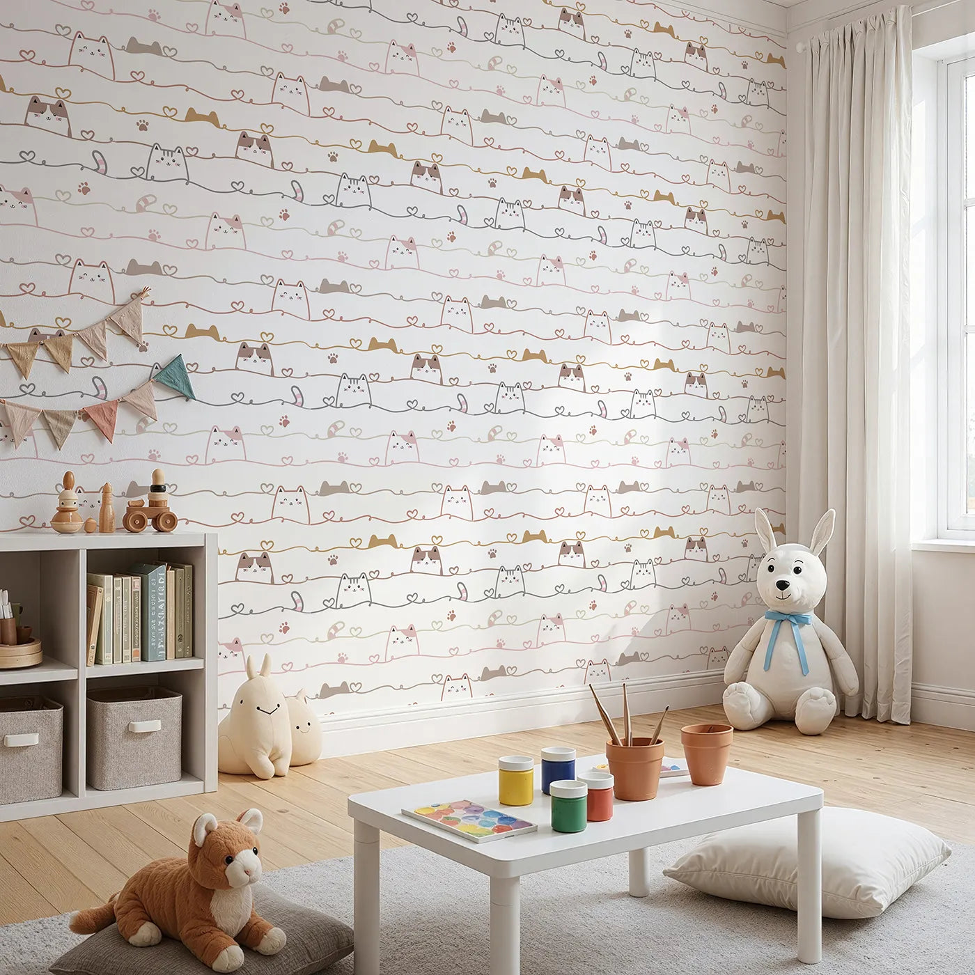 Angled view of Whimsy Tots' Peeking Paws Wallpaper (W3488).Adorable kitties peek through heart-filled lines of love.