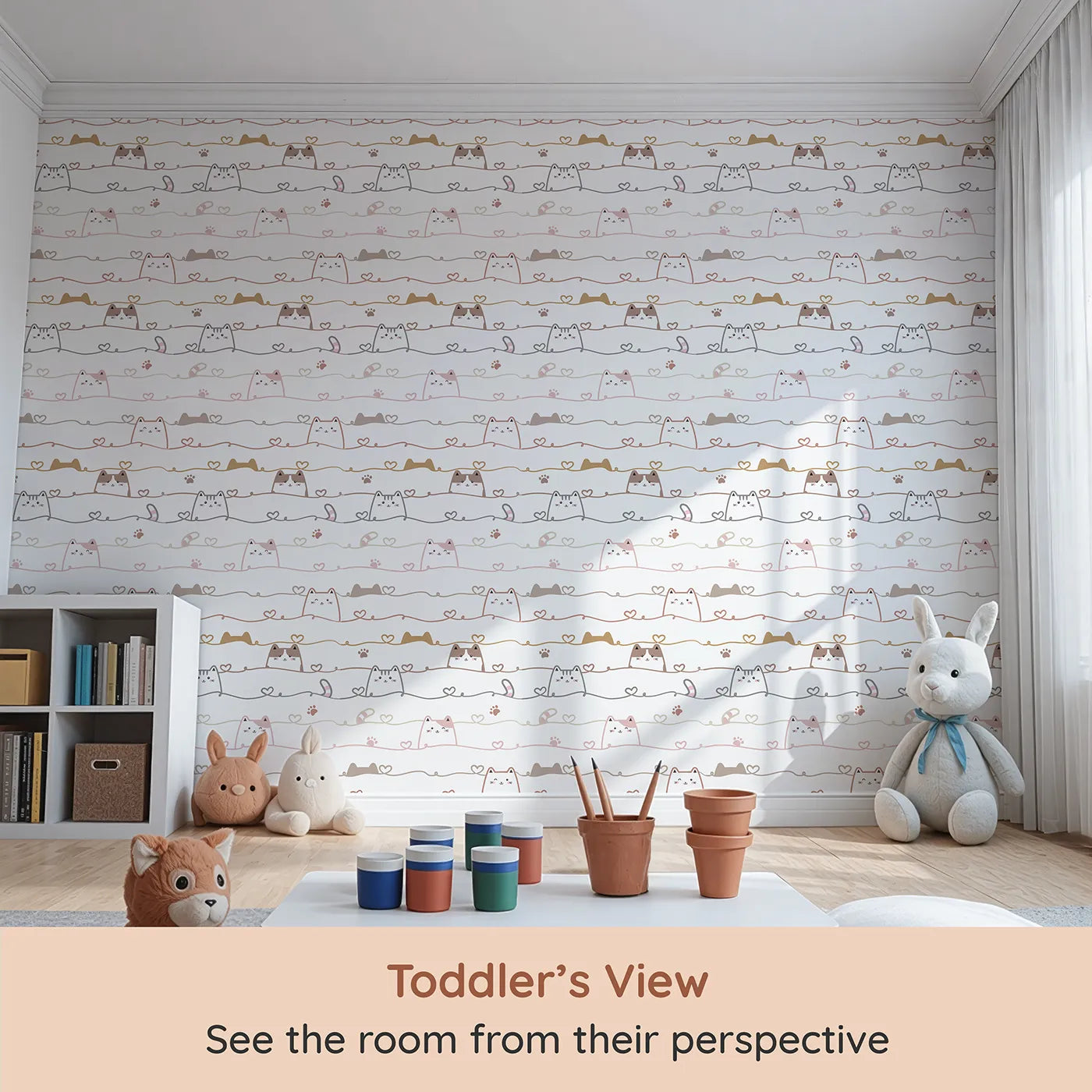 Whimsy Tots Peeking Paws Wallpaper (W3488) from your child's view.Adorable kitties peek through heart-filled lines of love.
