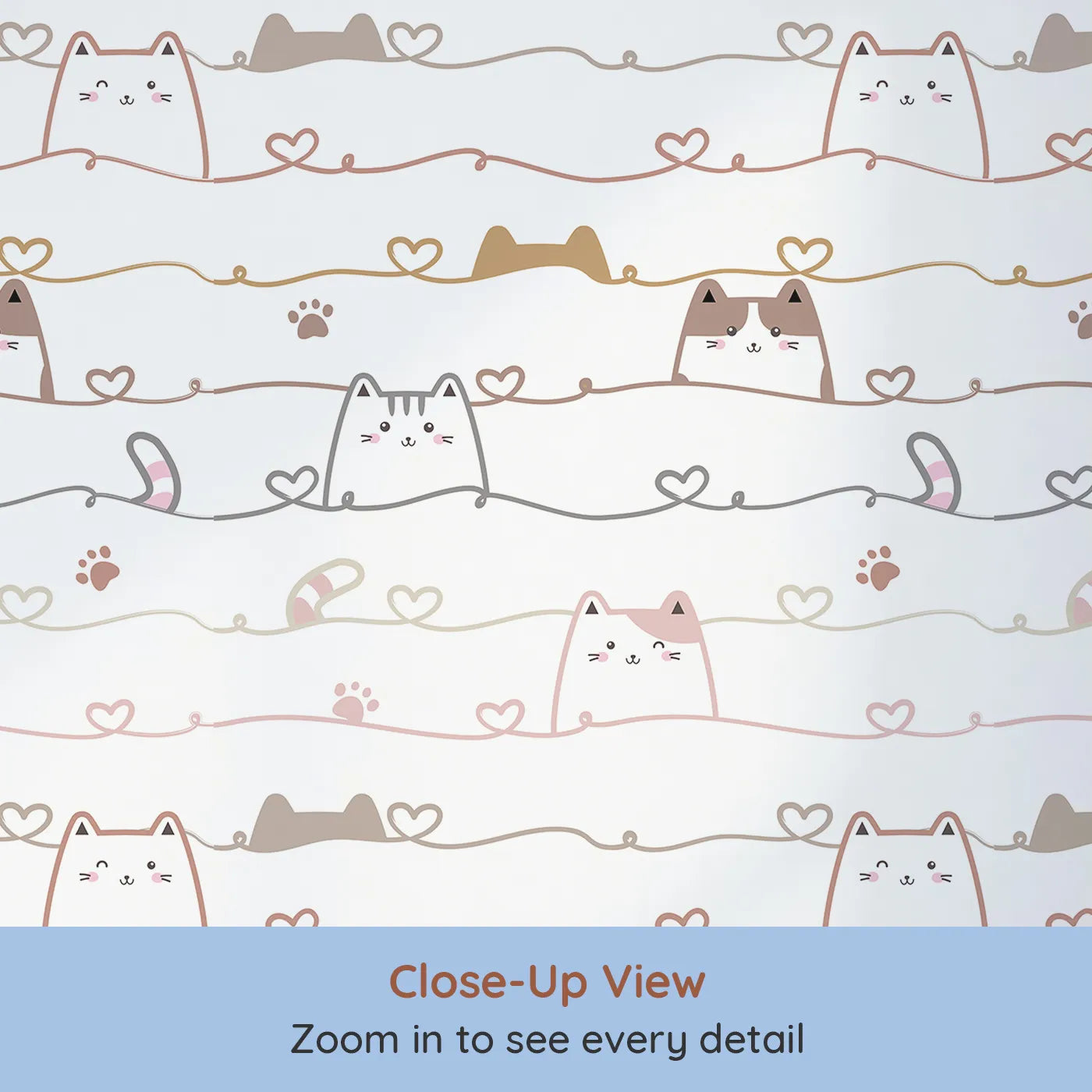 Close-up view of Whimsy Tots' Peeking Paws Wallpaper (W3488).Adorable kitties peek through heart-filled lines of love.