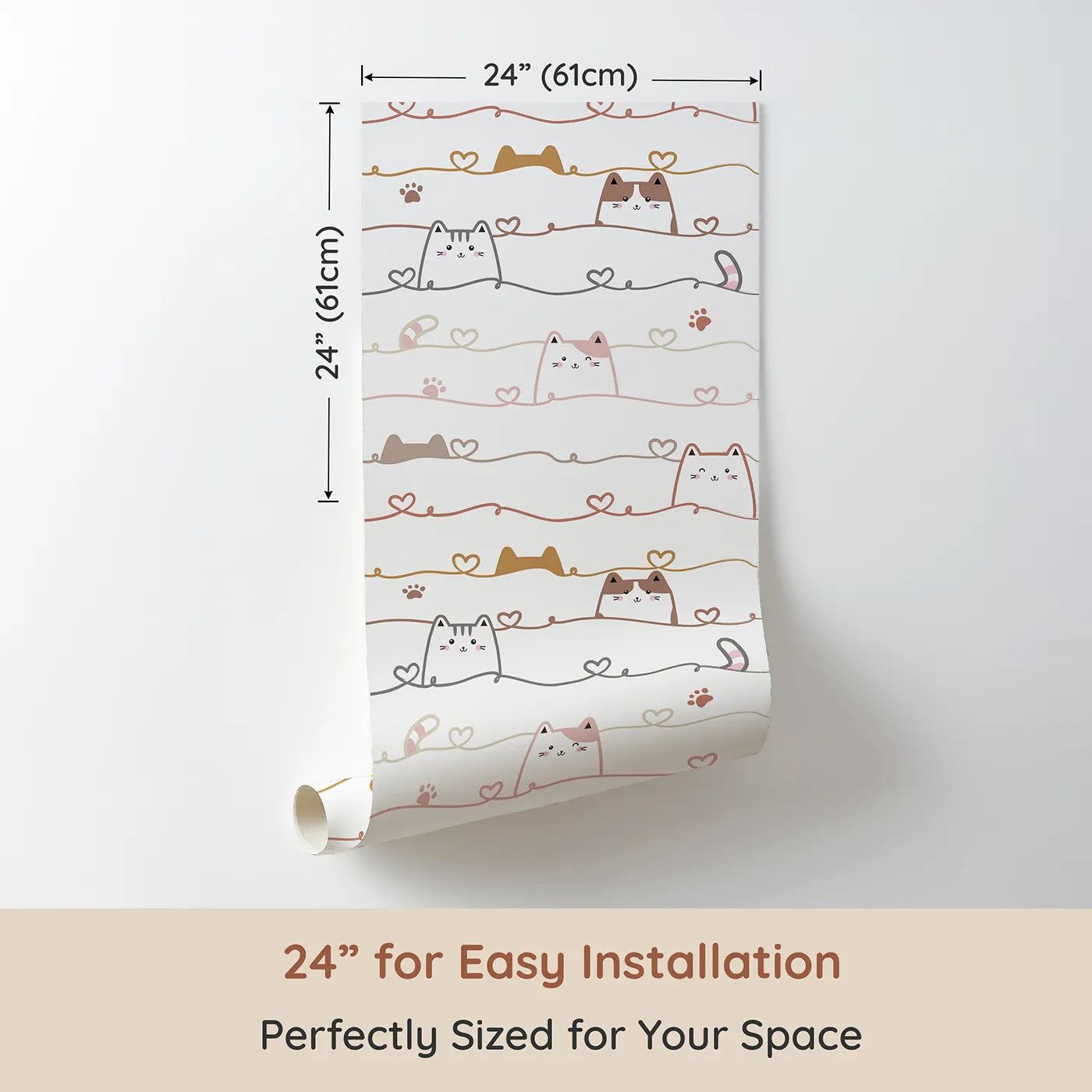 Dimension view of Whimsy Tots Peeking Paws Wallpaper (W3488). Printed in 24-inch-wide panel for easy installation. Adorable kitties peek through heart-filled lines of love.