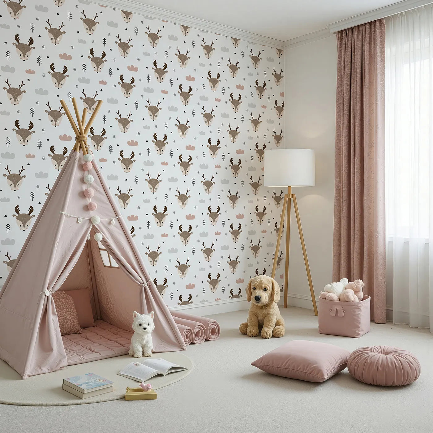 Angled view of Whimsy Tots' Woodland Deer Wallpaper in White (W3489A).Sweet deer faces peek out from a snowy woodland sky.