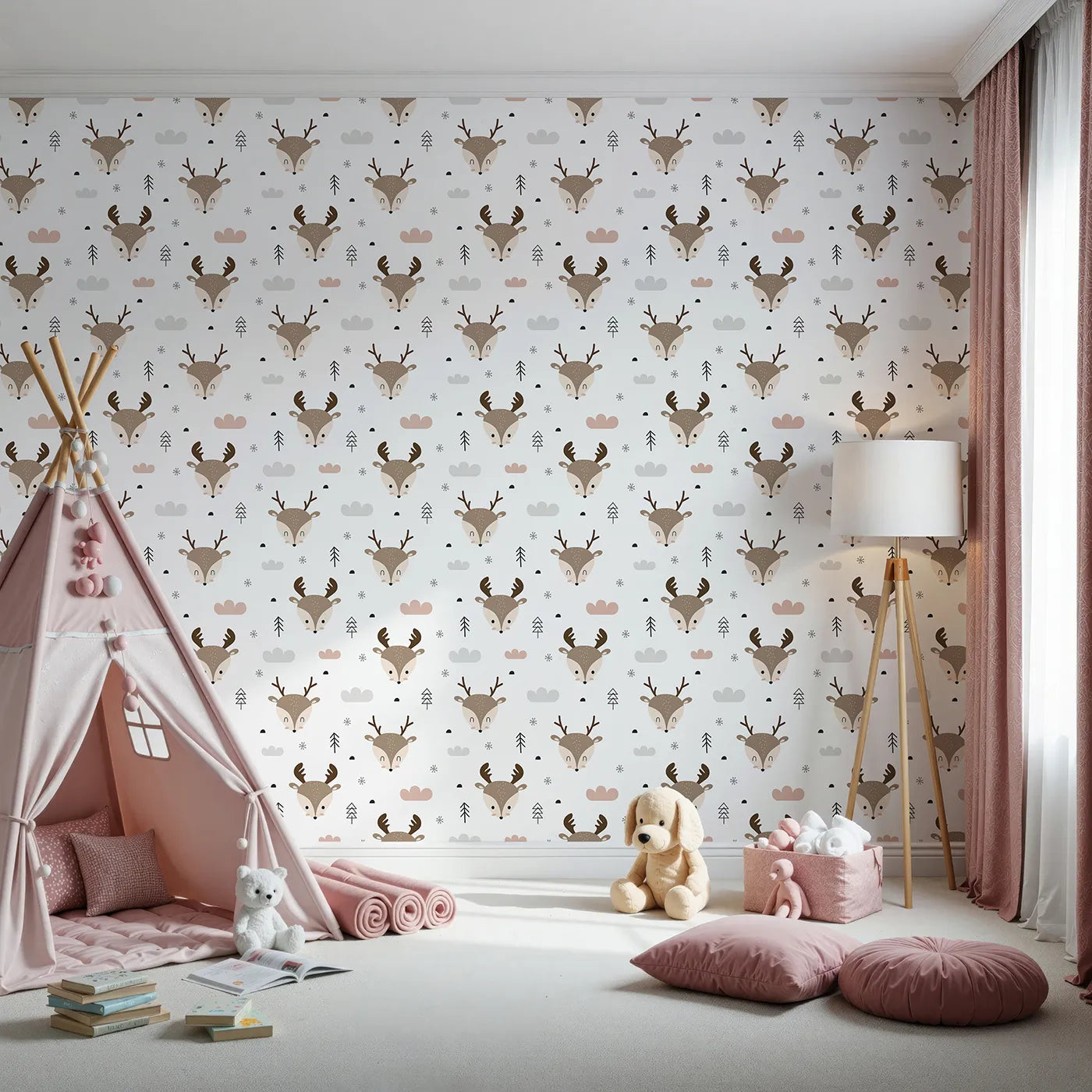 Front view of Whimsy Tots' Woodland Deer Wallpaper in White