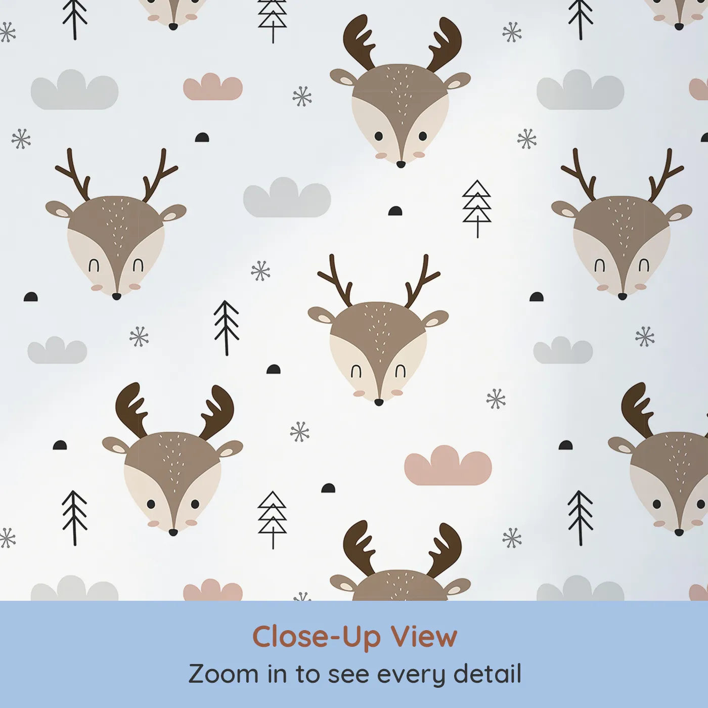 Close-up view of Whimsy Tots' Woodland Deer Wallpaper in White (W3489A).Sweet deer faces peek out from a snowy woodland sky.