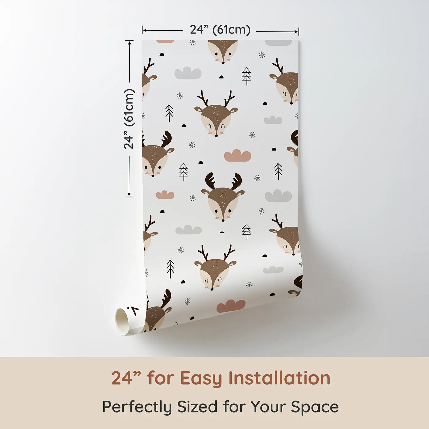 Dimension view of Whimsy Tots Woodland Deer Wallpaper in White (W3489A). Printed in 24-inch-wide panel for easy installation. Sweet deer faces peek out from a snowy woodland sky.
