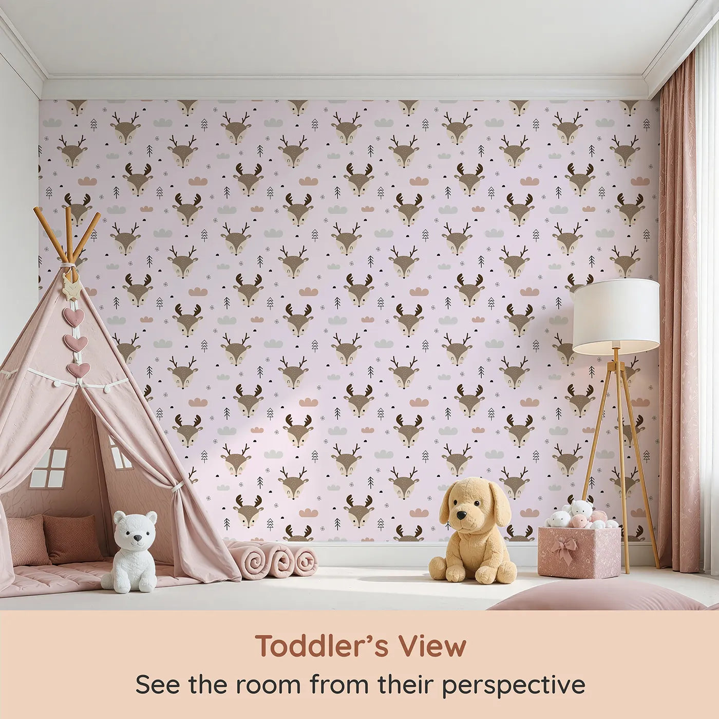 Whimsy Tots Woodland Deer Wallpaper in Blush Pink (W3489B) from your child's view.Deer peek sweetly through a pink-tinted snowy forest.