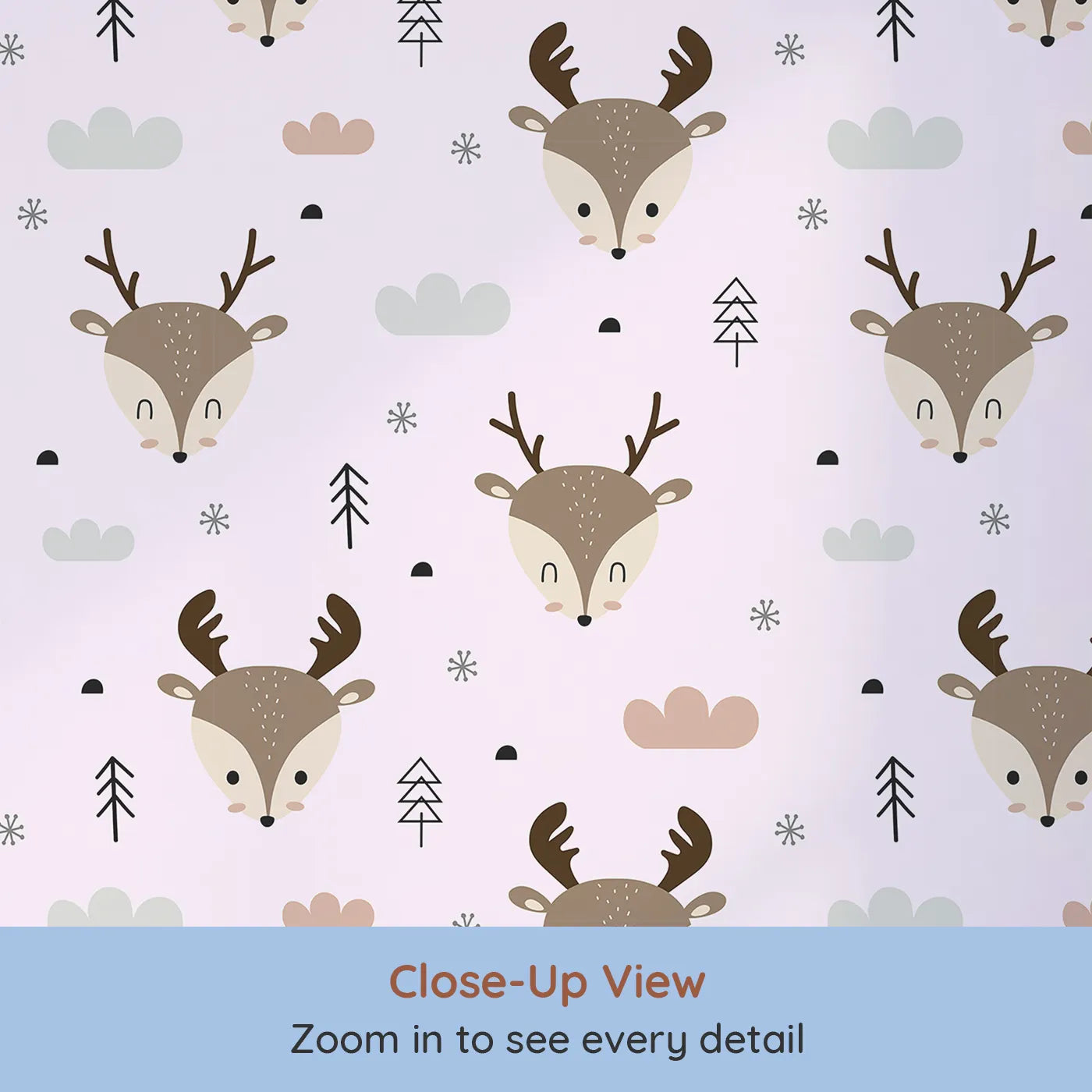 Close-up view of Whimsy Tots' Woodland Deer Wallpaper in Blush Pink (W3489B).Deer peek sweetly through a pink-tinted snowy forest.