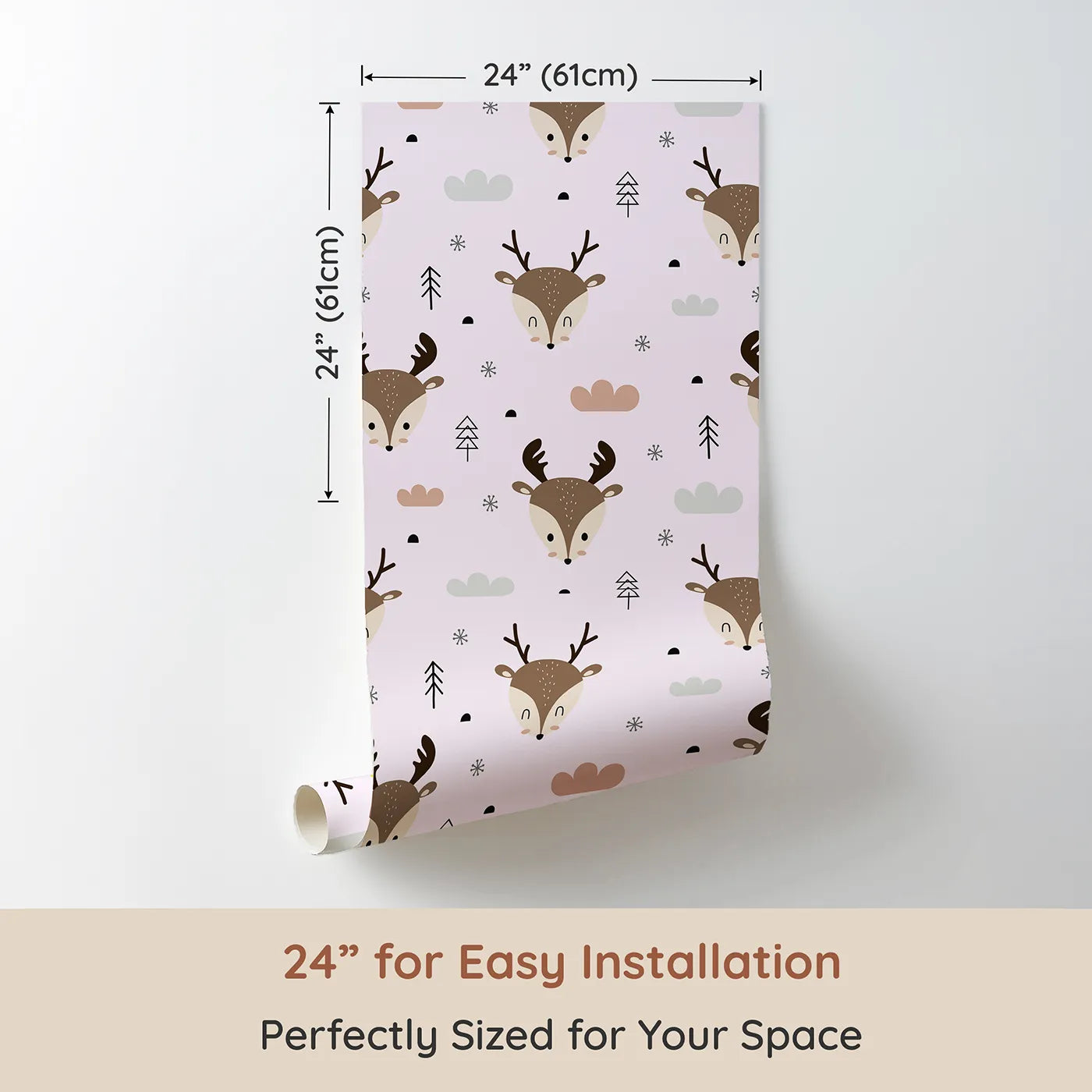 Dimension view of Whimsy Tots Woodland Deer Wallpaper in Blush Pink (W3489B). Printed in 24-inch-wide panel for easy installation. Deer peek sweetly through a pink-tinted snowy forest.