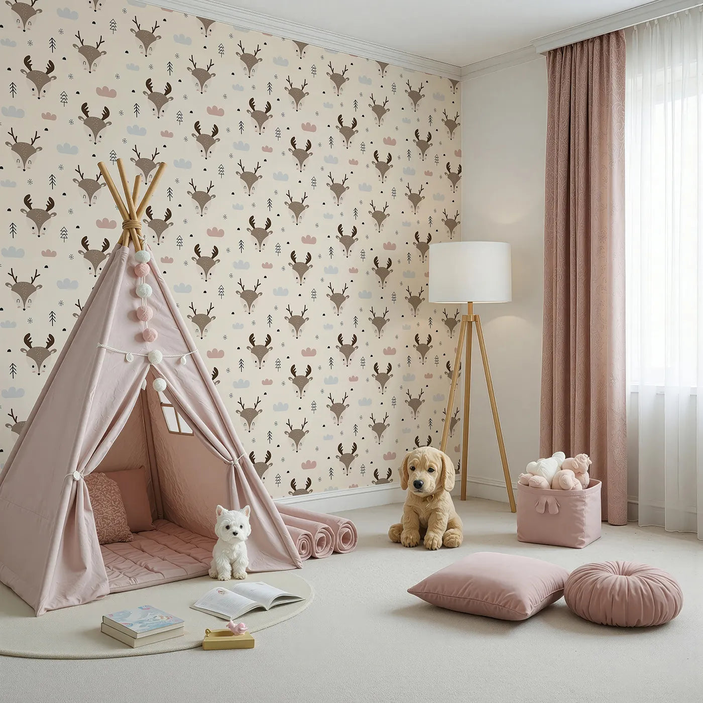 Angled view of Whimsy Tots' Woodland Deer Wallpaper in Cream (W3489C).Sweet deer faces nestle in a warm, wintry woodland.