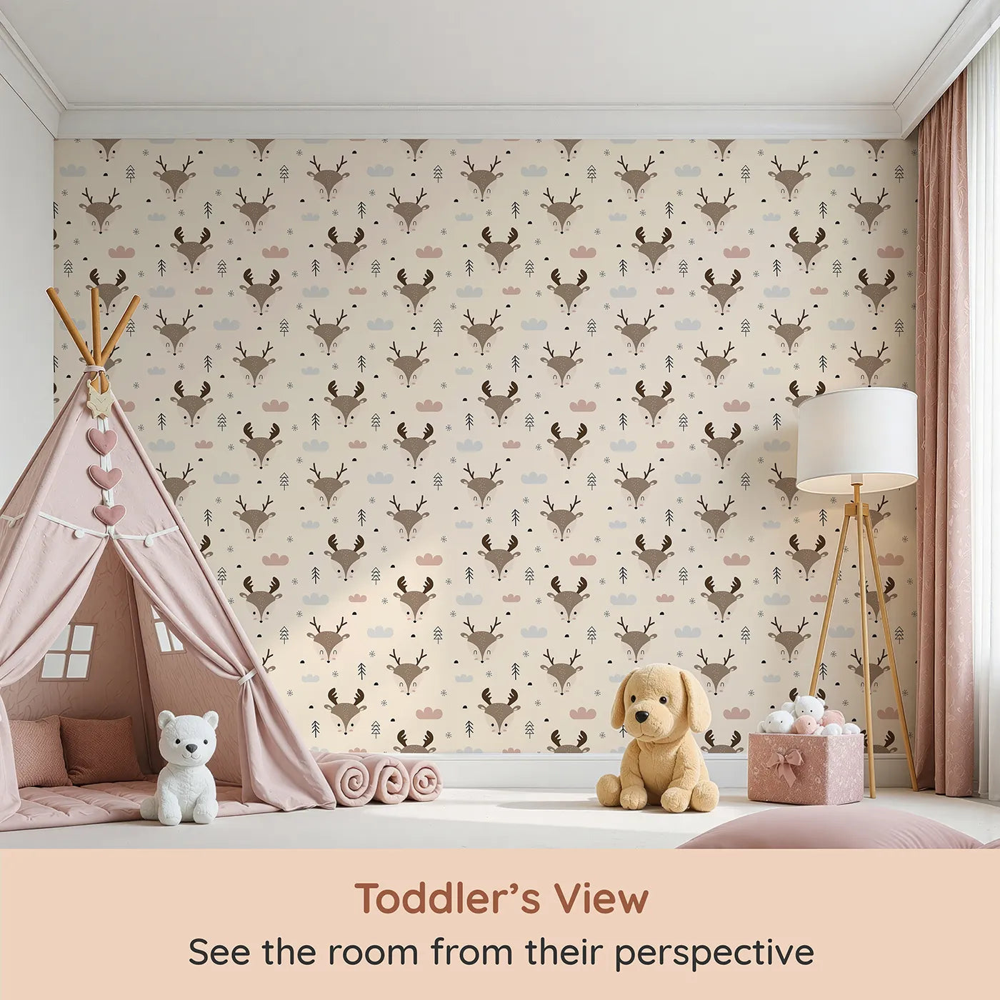Whimsy Tots Woodland Deer Wallpaper in Cream (W3489C) from your child's view.Sweet deer faces nestle in a warm, wintry woodland.