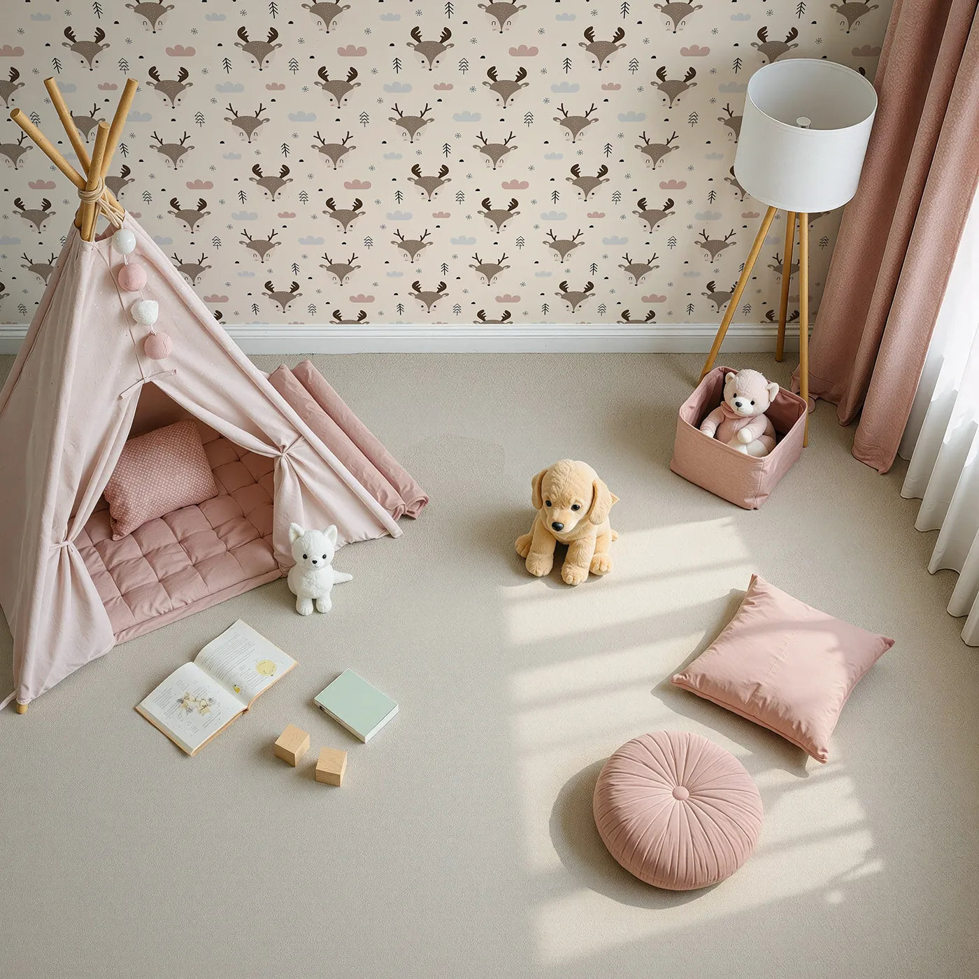 Top-Down view of Whimsy Tots' Woodland Deer Wallpaper in Cream (W3489C).Sweet deer faces nestle in a warm, wintry woodland.