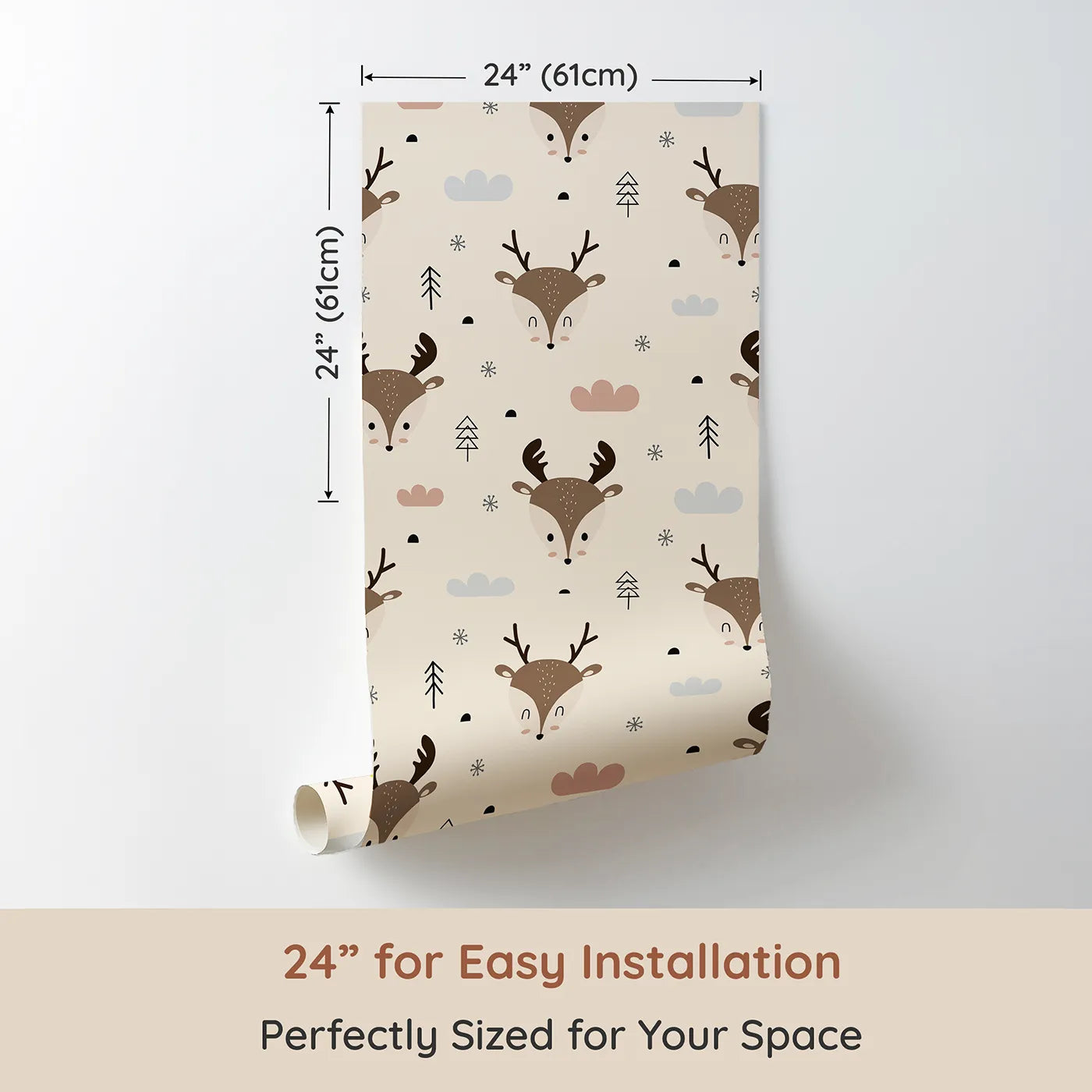 Dimension view of Whimsy Tots Woodland Deer Wallpaper in Cream (W3489C). Printed in 24-inch-wide panel for easy installation. Sweet deer faces nestle in a warm, wintry woodland.