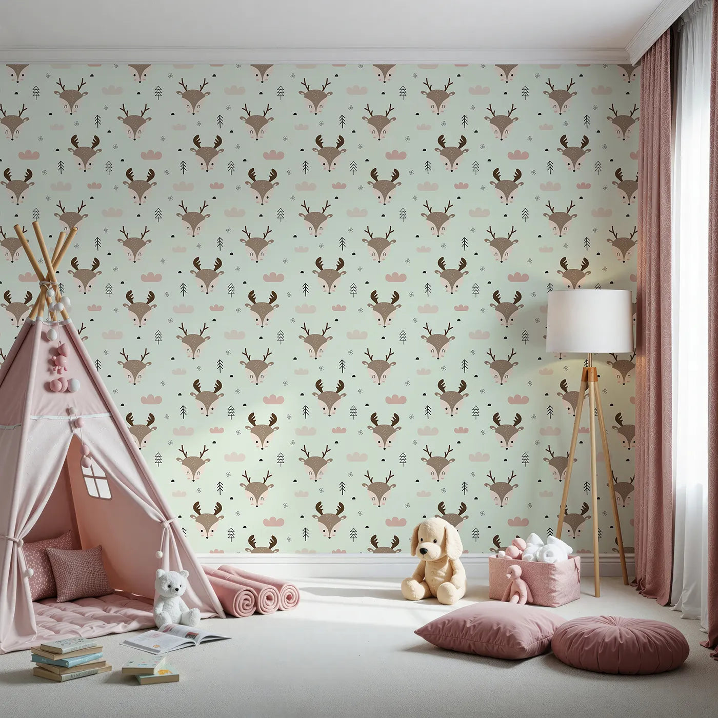 Front view of Whimsy Tots' Woodland Deer Wallpaper in Mint Green
