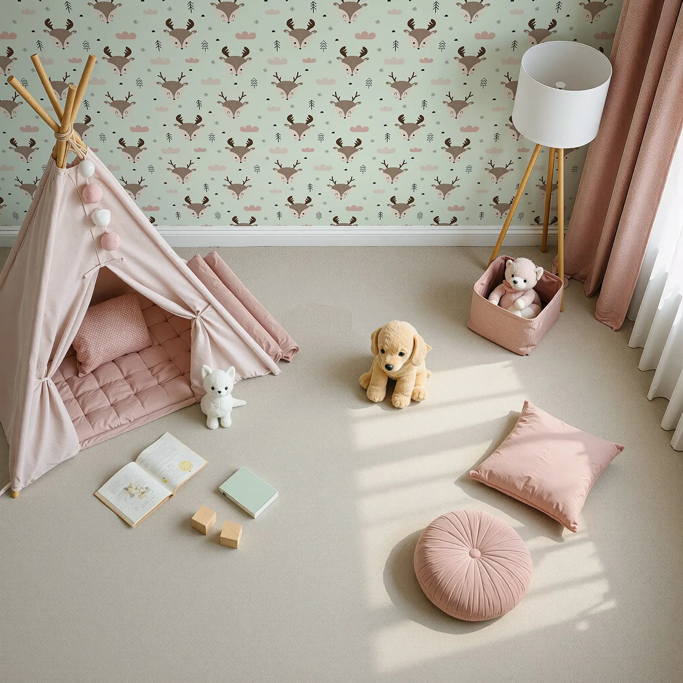 Top-Down view of Whimsy Tots' Woodland Deer Wallpaper in Mint Green (W3489D).Woodland deer peek through a fresh mint forest of wonder.