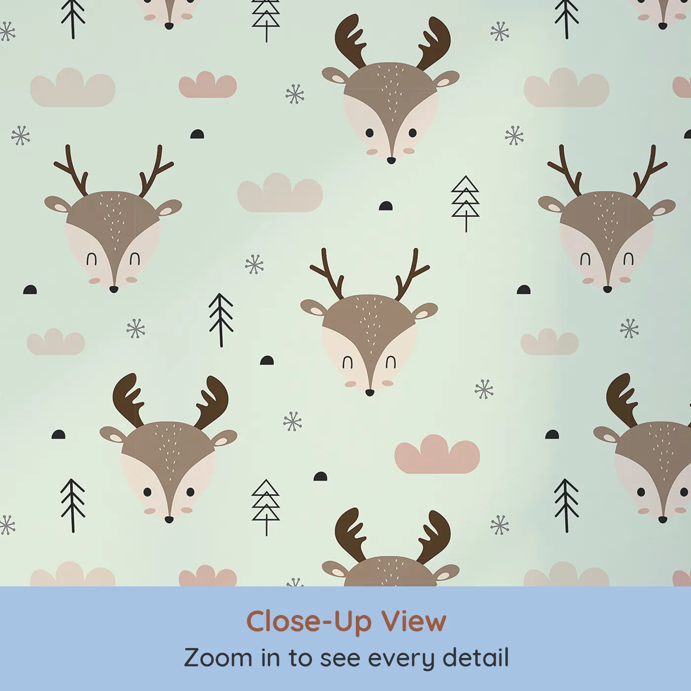 Close-up view of Whimsy Tots' Woodland Deer Wallpaper in Mint Green (W3489D).Woodland deer peek through a fresh mint forest of wonder.