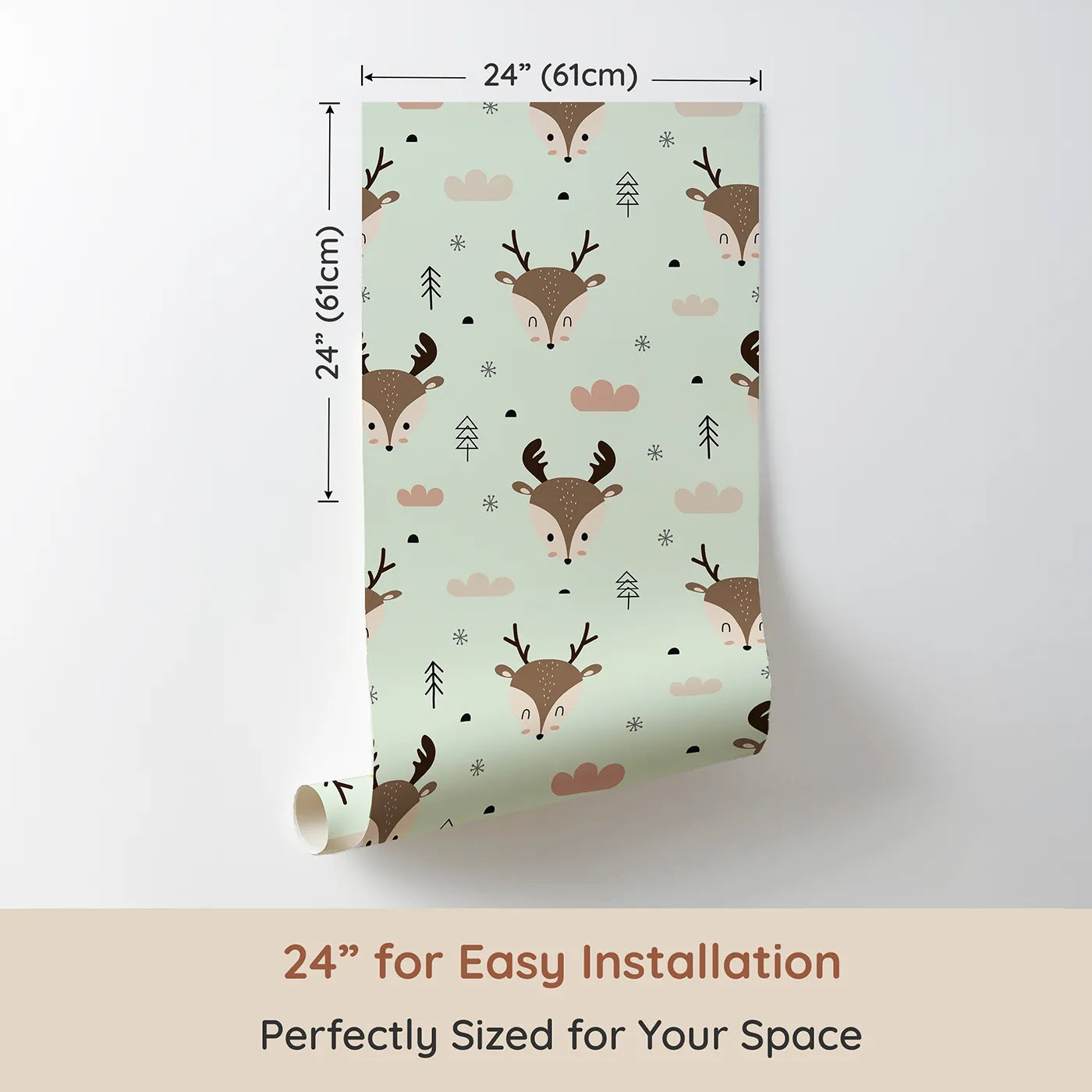 Dimension view of Whimsy Tots Woodland Deer Wallpaper in Mint Green (W3489D). Printed in 24-inch-wide panel for easy installation. Woodland deer peek through a fresh mint forest of wonder.