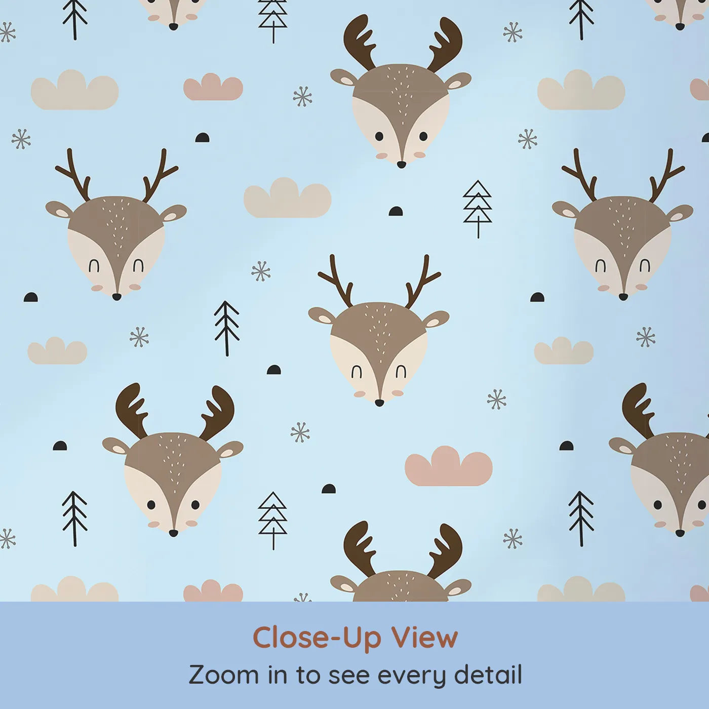 Close-up view of Whimsy Tots' Woodland Deer Wallpaper in Sky Blue (W3489E).Smiling deer peek sweetly through a sky-blue forest of calm.