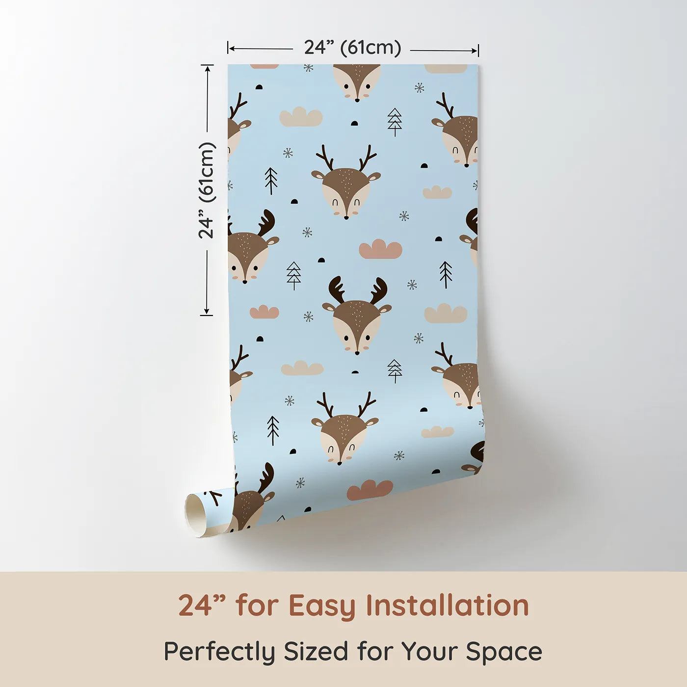 Dimension view of Whimsy Tots Woodland Deer Wallpaper in Sky Blue (W3489E). Printed in 24-inch-wide panel for easy installation. Smiling deer peek sweetly through a sky-blue forest of calm.