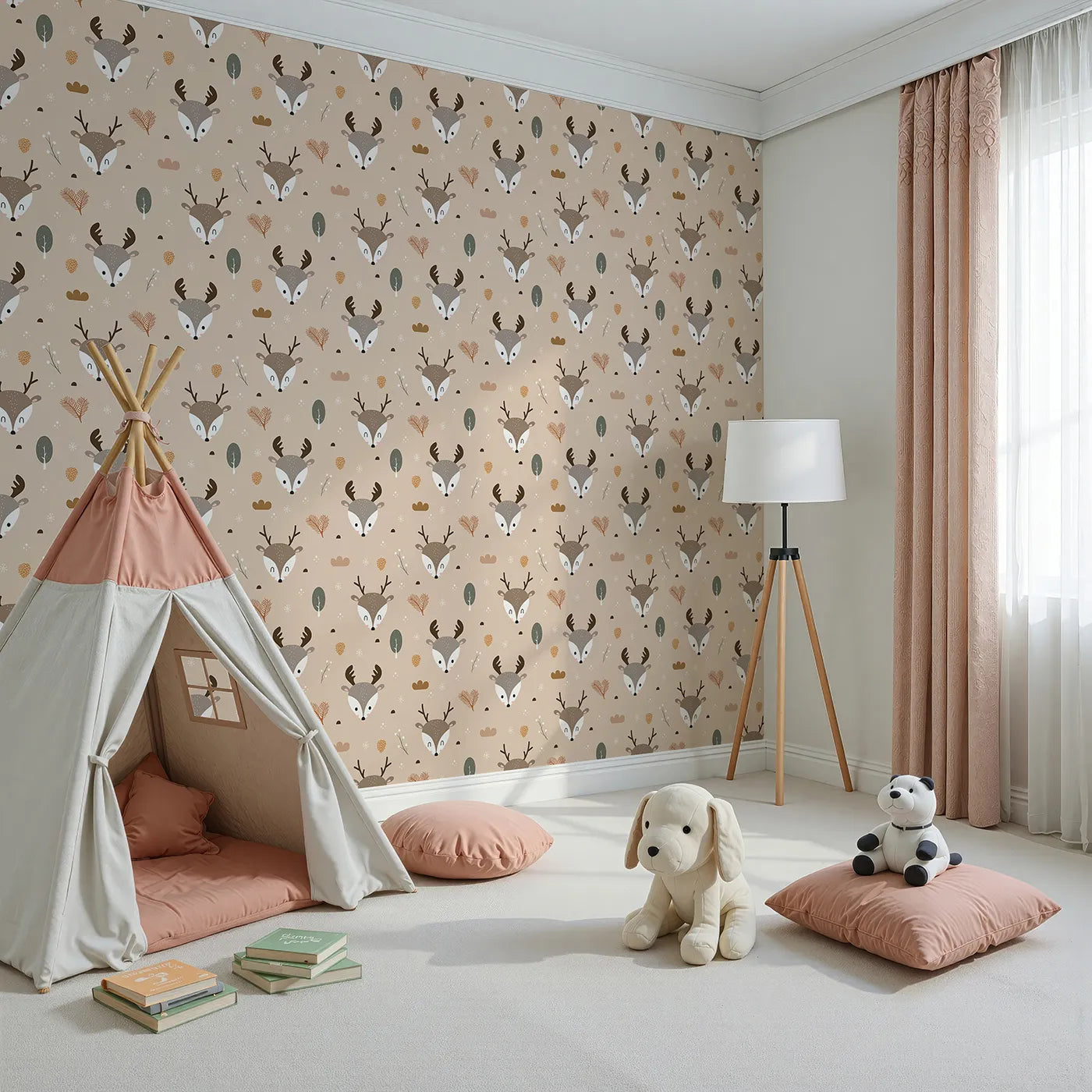 Angled view of Whimsy Tots' Forest Forager Deer Wallpaper in Beige (W3490A).Deer roam among pinecones, berries, and forest sprigs on warm beige.