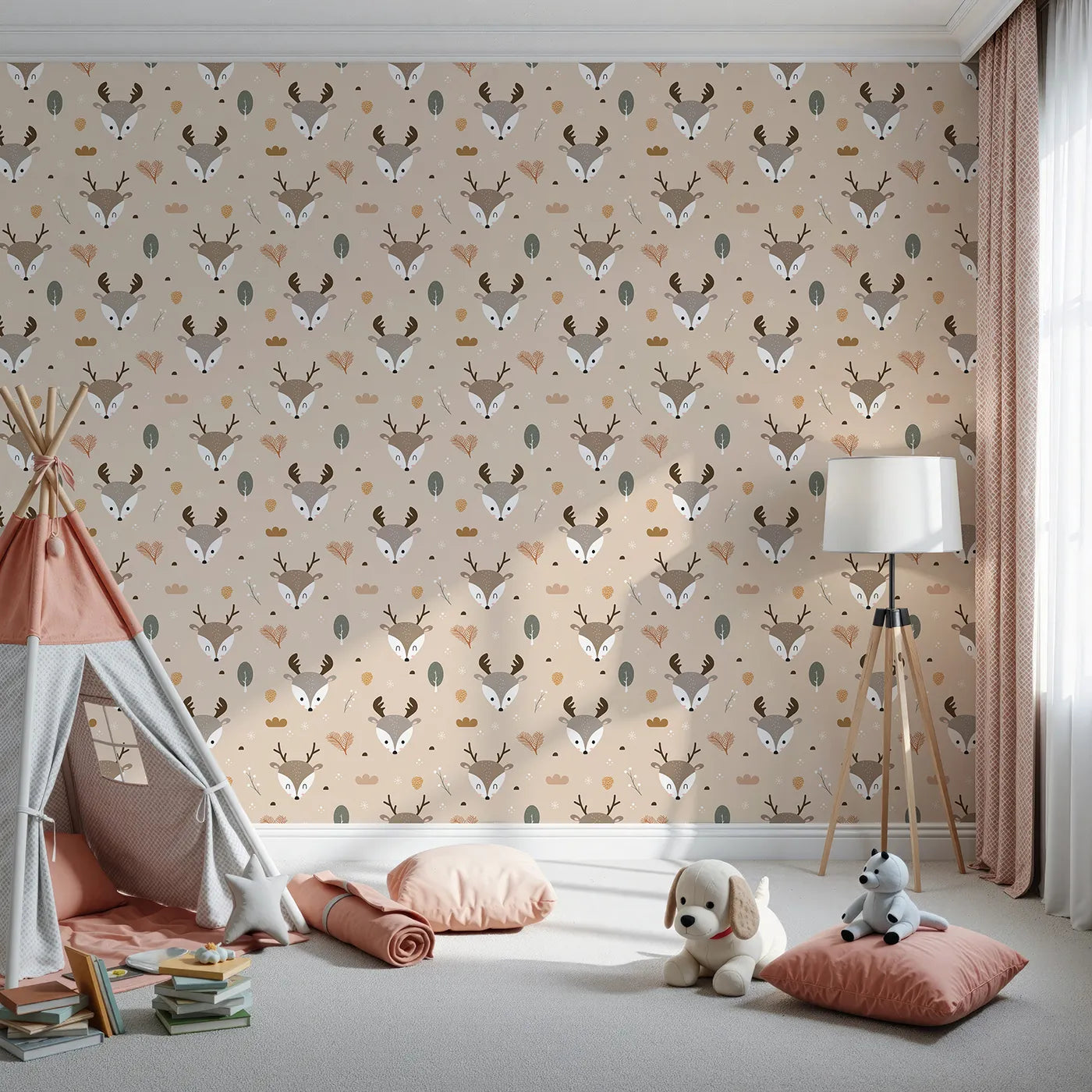 Front view of Whimsy Tots' Forest Forager Deer Wallpaper in Beige