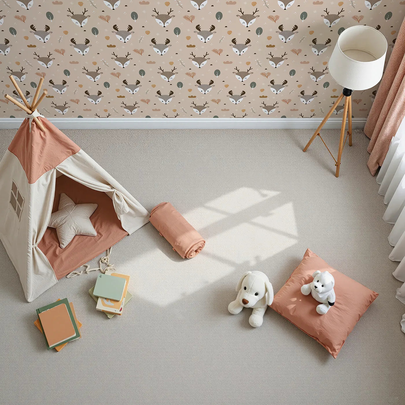 Top-Down view of Whimsy Tots' Forest Forager Deer Wallpaper in Beige (W3490A).Deer roam among pinecones, berries, and forest sprigs on warm beige.