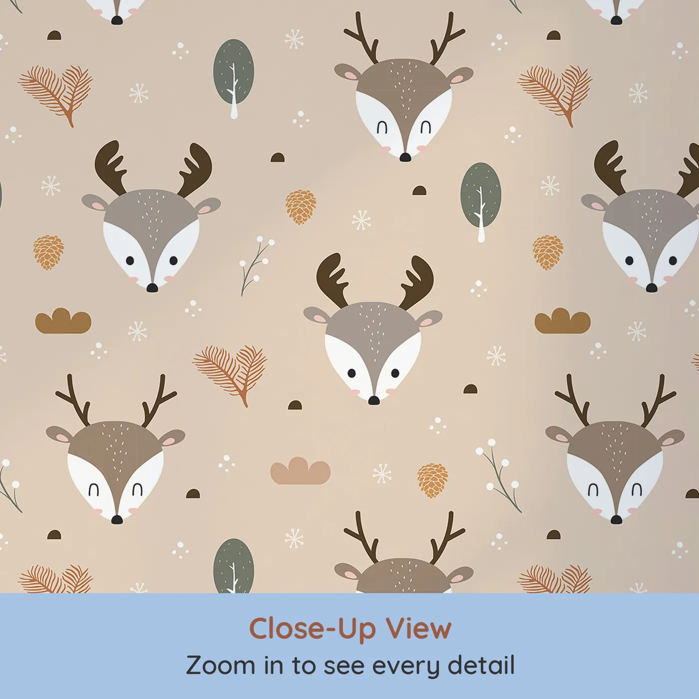 Close-up view of Whimsy Tots' Forest Forager Deer Wallpaper in Beige (W3490A).Deer roam among pinecones, berries, and forest sprigs on warm beige.