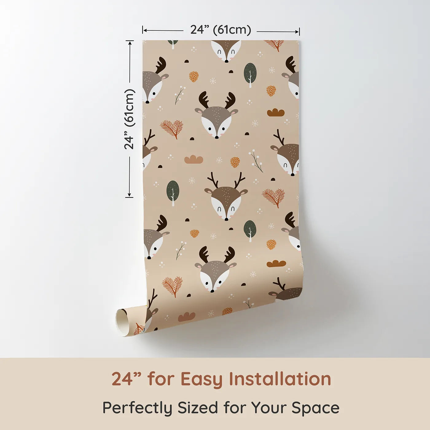 Dimension view of Whimsy Tots Forest Forager Deer Wallpaper in Beige (W3490A). Printed in 24-inch-wide panel for easy installation. Deer roam among pinecones, berries, and forest sprigs on warm beige.
