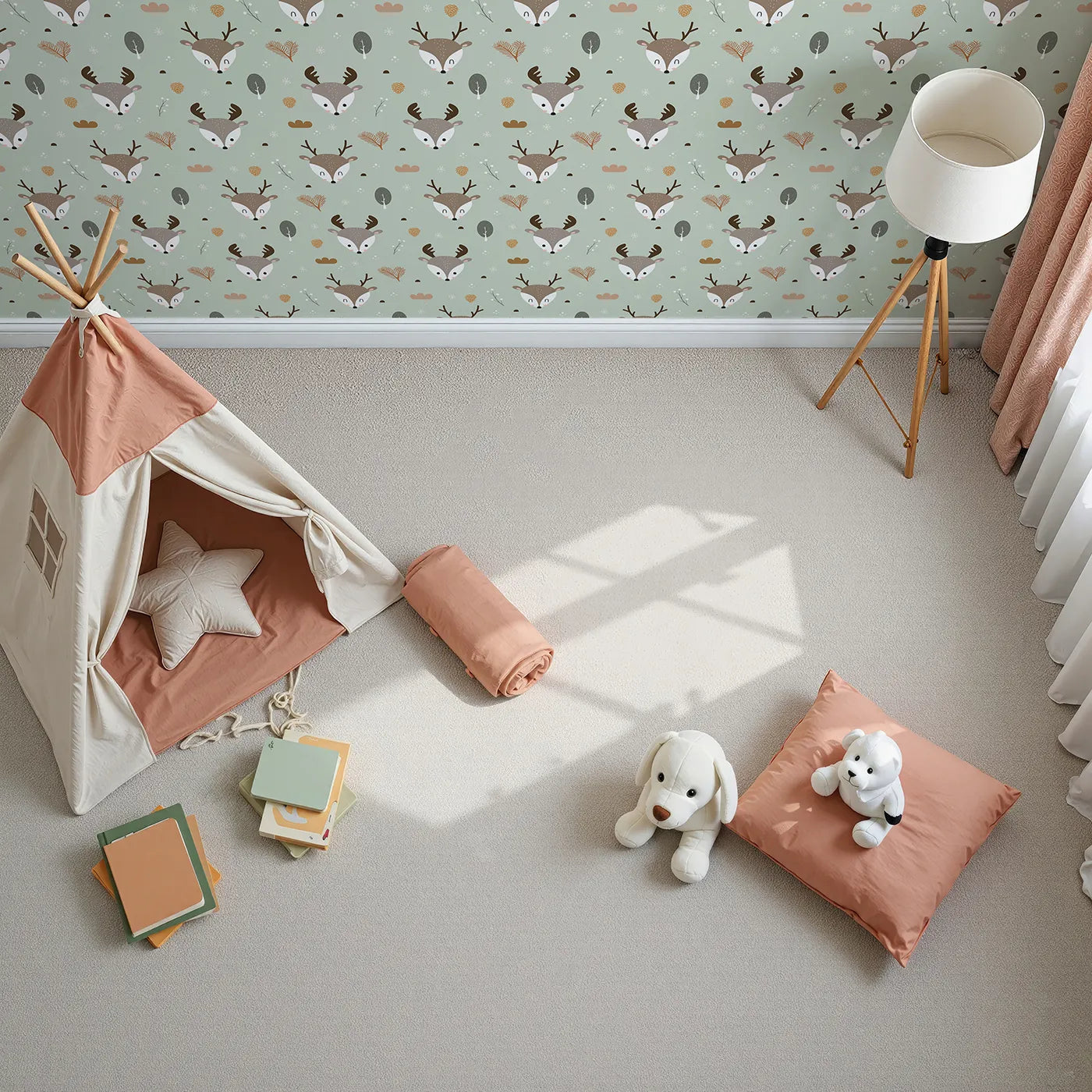 Top-Down view of Whimsy Tots' Forest Forager Deer Wallpaper in Sage Green (W3490C).Deer and forest treasures scatter across a sage green sky.