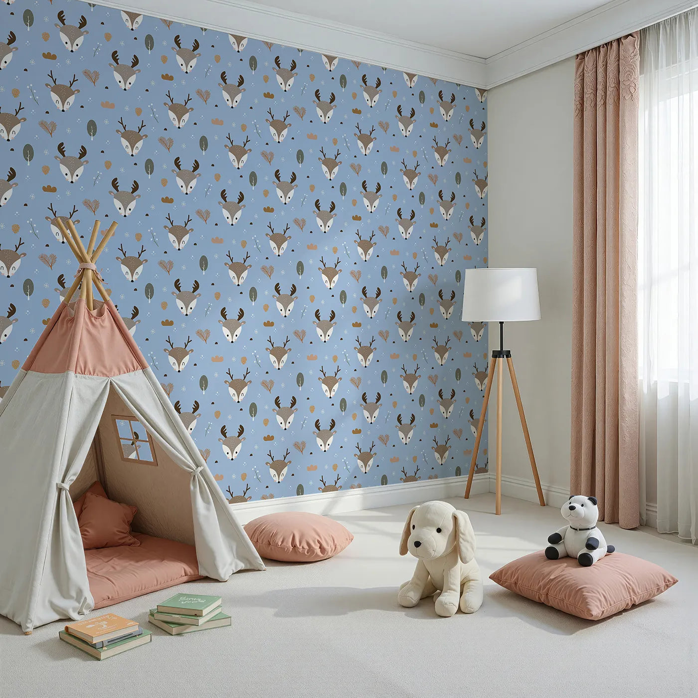 Angled view of Whimsy Tots' Forest Forager Deer Wallpaper in Sky Blue (W3490D).Deer and pinecones peek through soft snowflakes on a sky blue canvas.