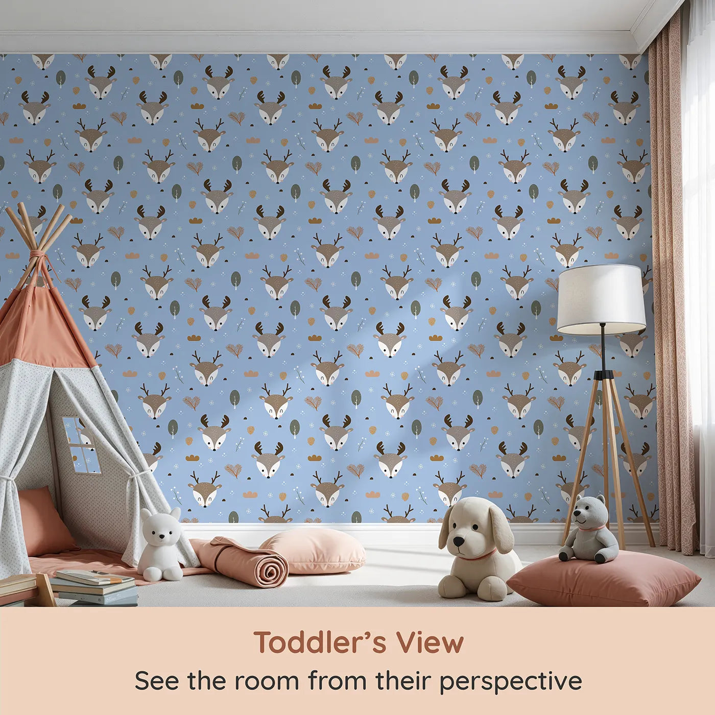 Whimsy Tots Forest Forager Deer Wallpaper in Sky Blue (W3490D) from your child's view.Deer and pinecones peek through soft snowflakes on a sky blue canvas.