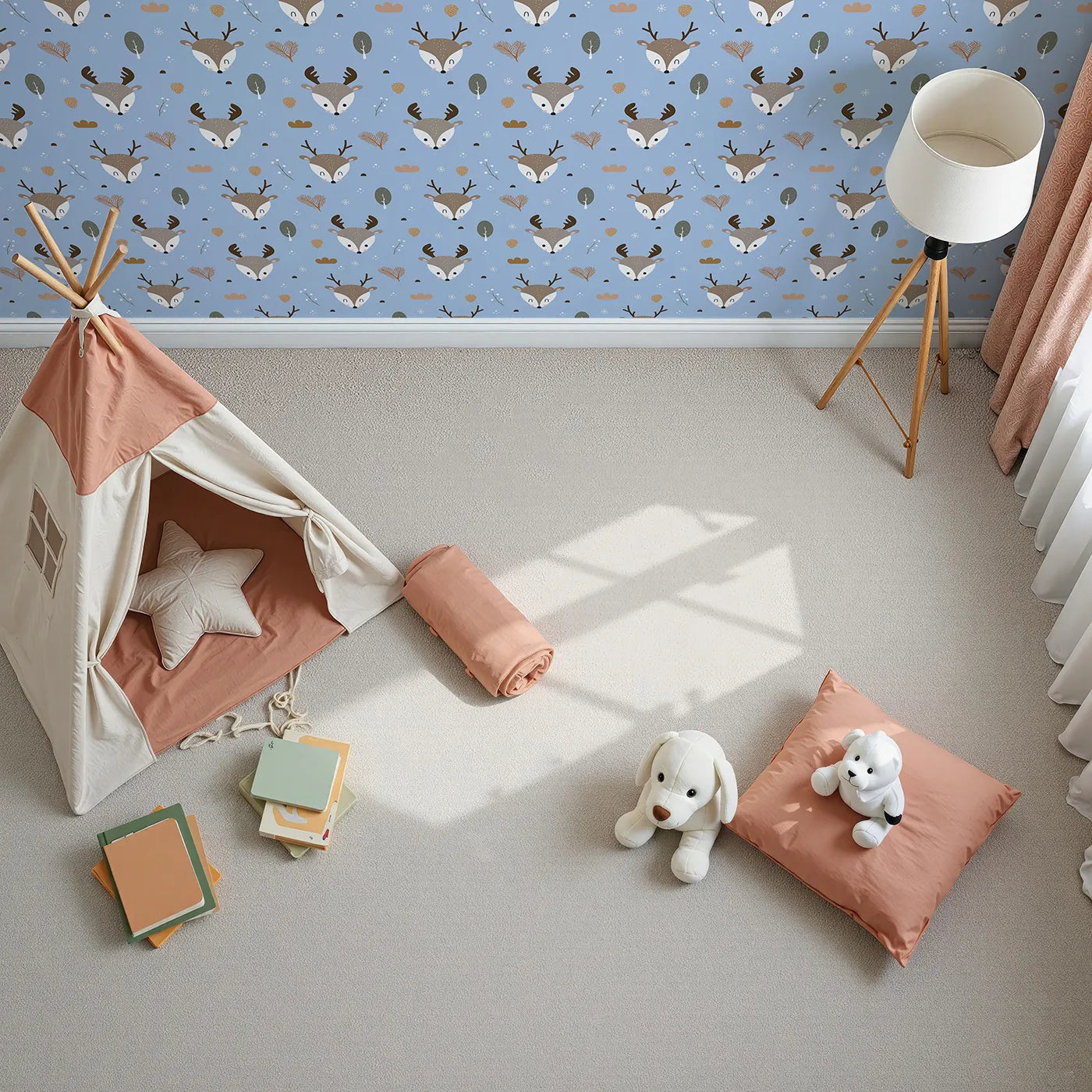 Top-Down view of Whimsy Tots' Forest Forager Deer Wallpaper in Sky Blue (W3490D).Deer and pinecones peek through soft snowflakes on a sky blue canvas.
