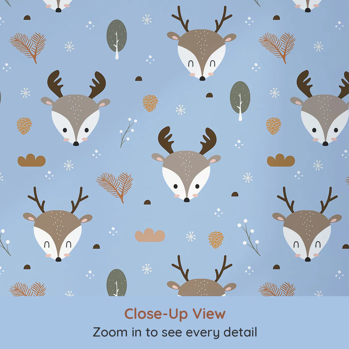 Close-up view of Whimsy Tots' Forest Forager Deer Wallpaper in Sky Blue (W3490D).Deer and pinecones peek through soft snowflakes on a sky blue canvas.