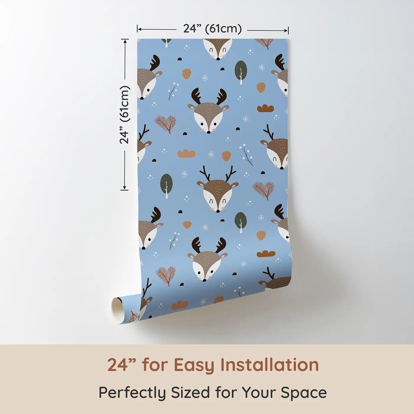 Dimension view of Whimsy Tots Forest Forager Deer Wallpaper in Sky Blue (W3490D). Printed in 24-inch-wide panel for easy installation. Deer and pinecones peek through soft snowflakes on a sky blue canvas.