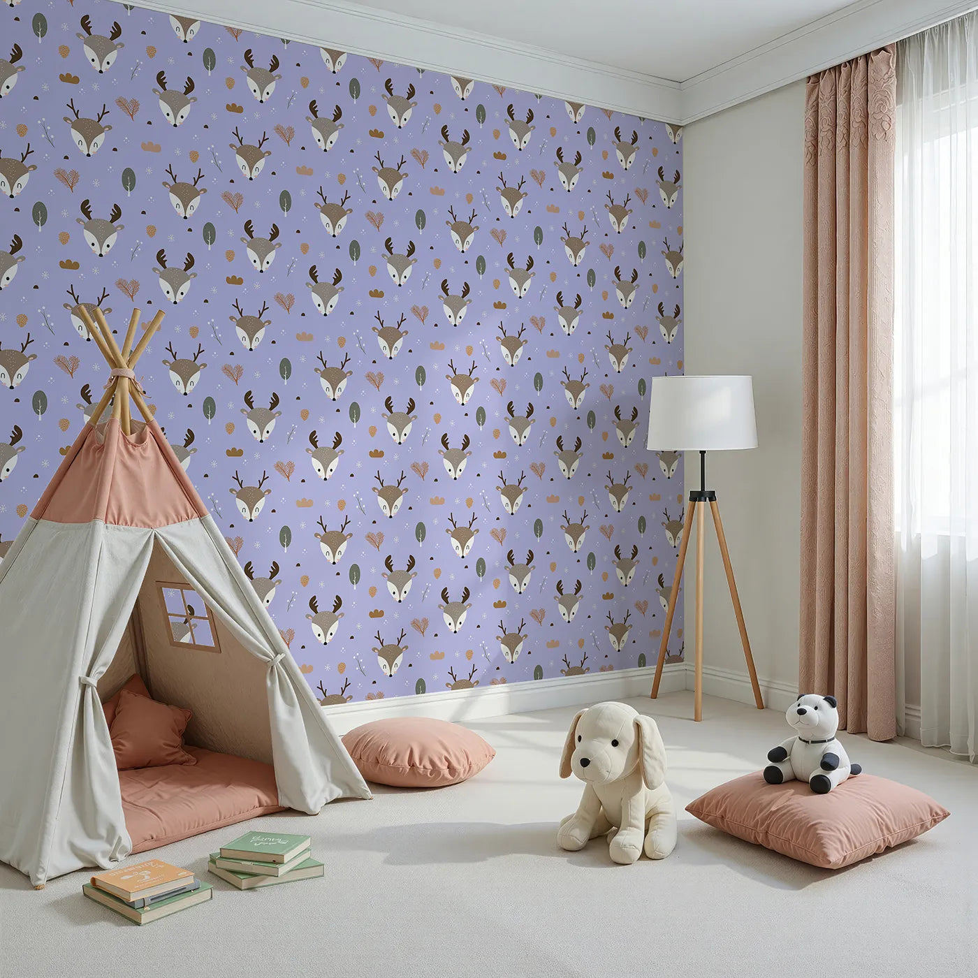 Angled view of Whimsy Tots' Forest Forager Deer Wallpaper in Lavender Mist (W3490E).Deer and forest bits float gently across a lavender winter sky.