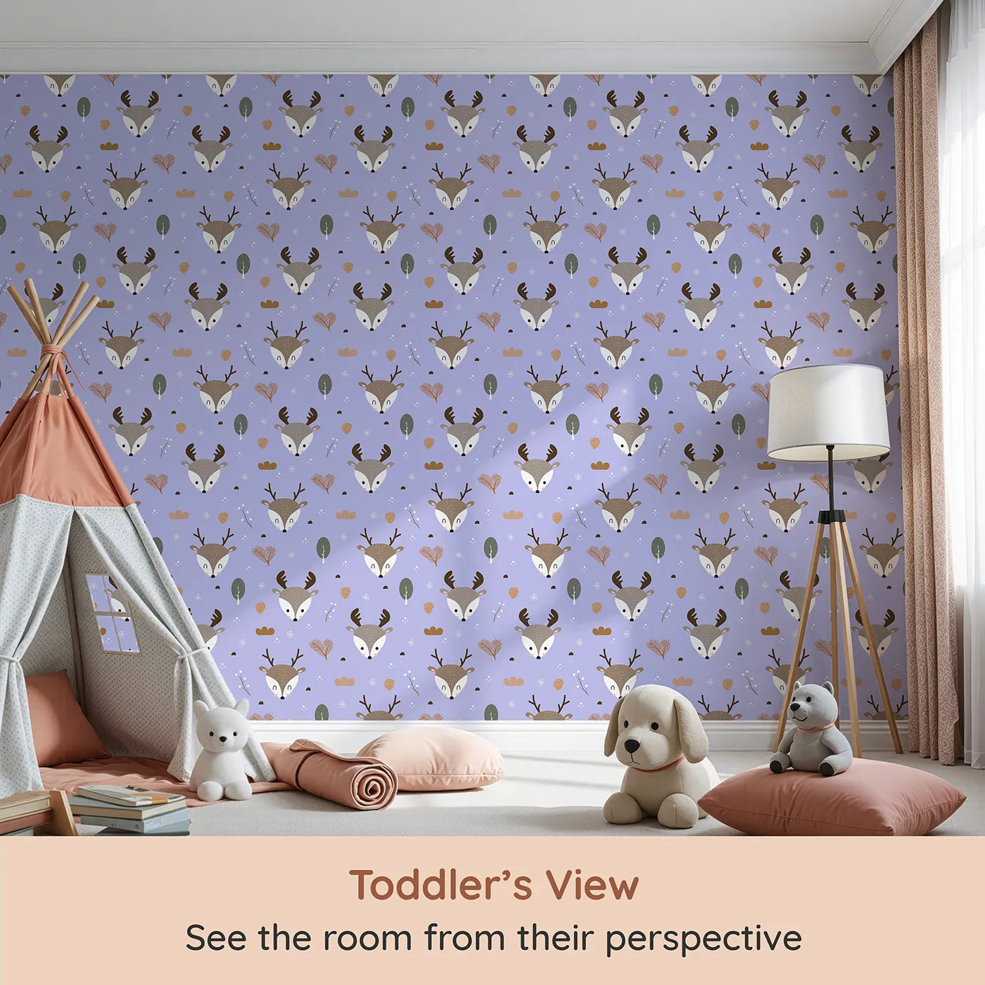 Whimsy Tots Forest Forager Deer Wallpaper in Lavender Mist (W3490E) from your child's view.Deer and forest bits float gently across a lavender winter sky.